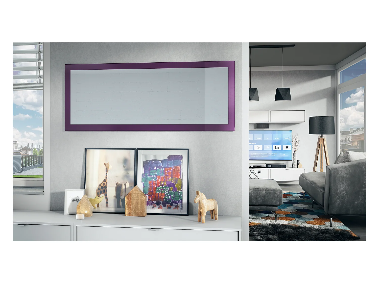Miroir Lima, Miroir mural avec cadre de style moderne, Blanc haute brillance (139 x 55 cm)