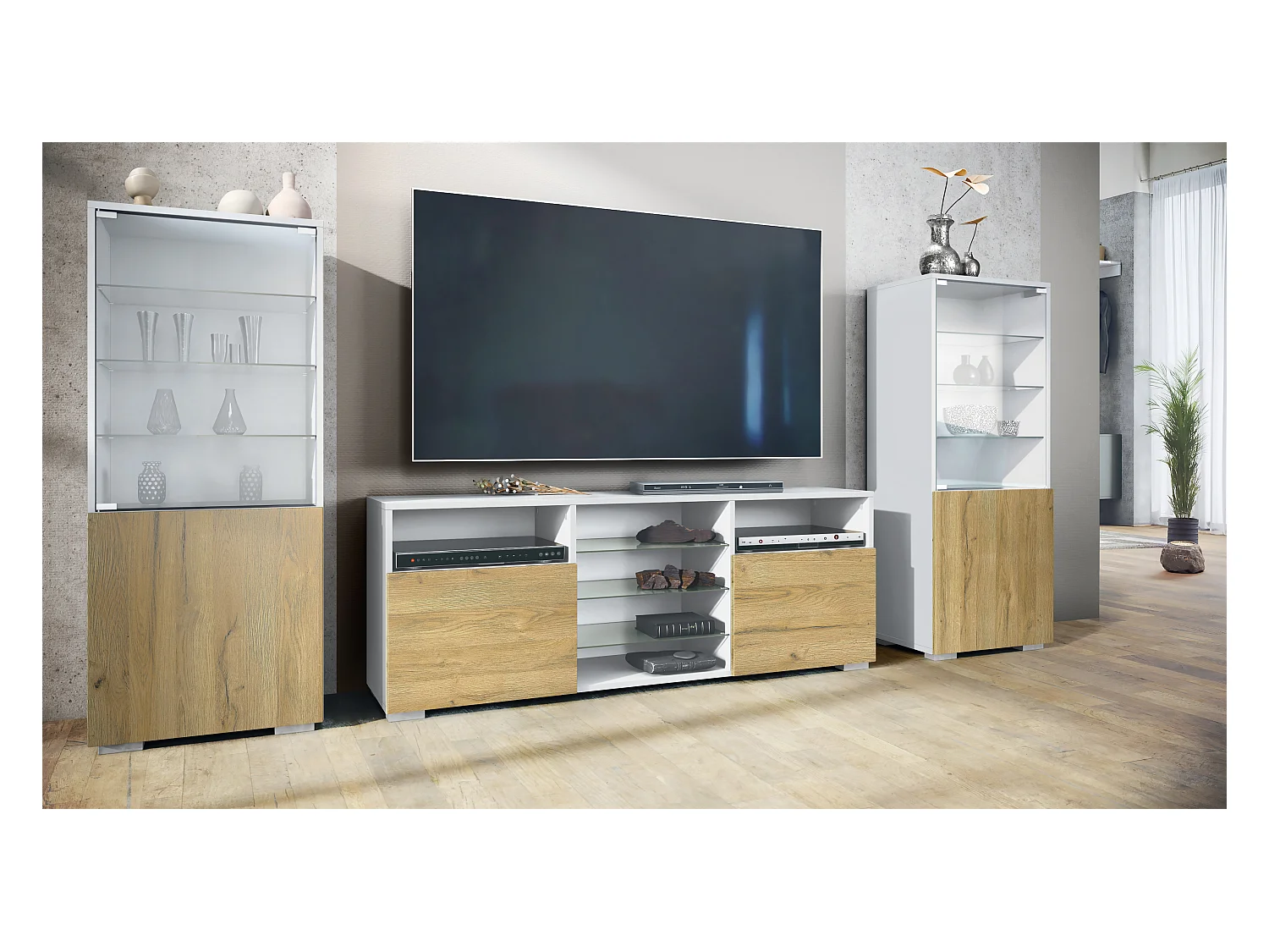 Ensemble mural Granada pour salon, comprenant 2 vitrines et 1 meuble TV, blanc mat/chêne nature (286 x 122,5 x 35 cm)