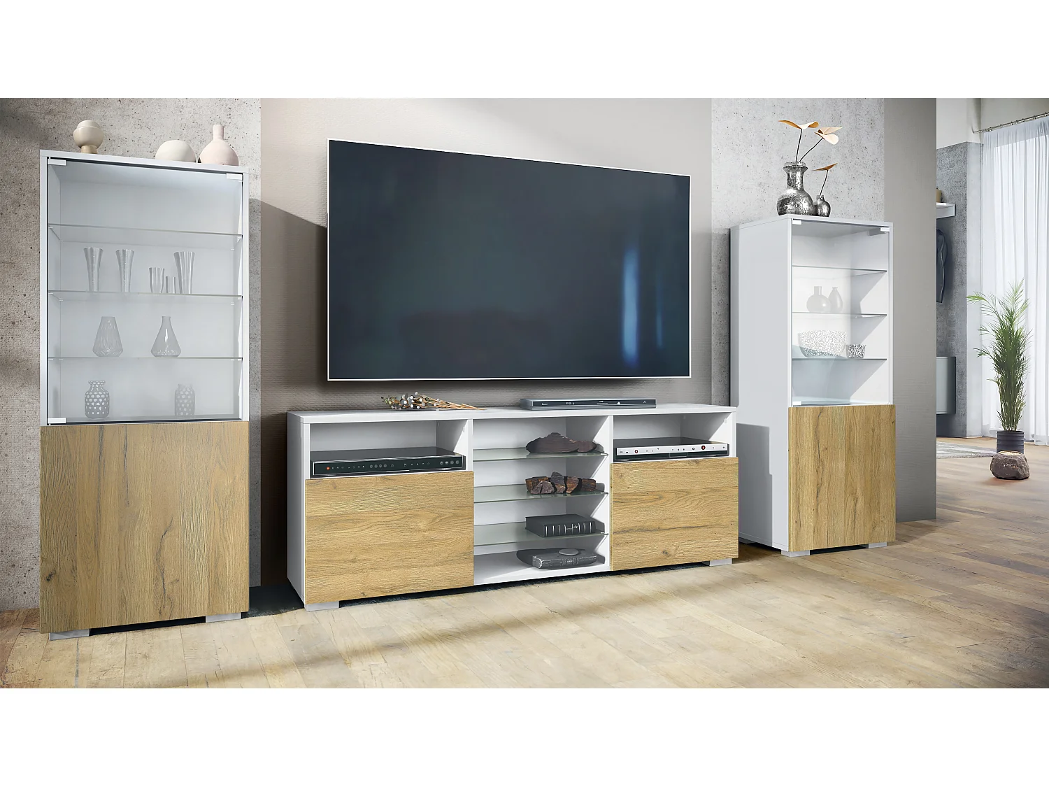 Ensemble mural Granada pour salon, comprenant 2 vitrines et 1 meuble TV, blanc mat/chêne nature (286 x 122,5 x 35 cm)