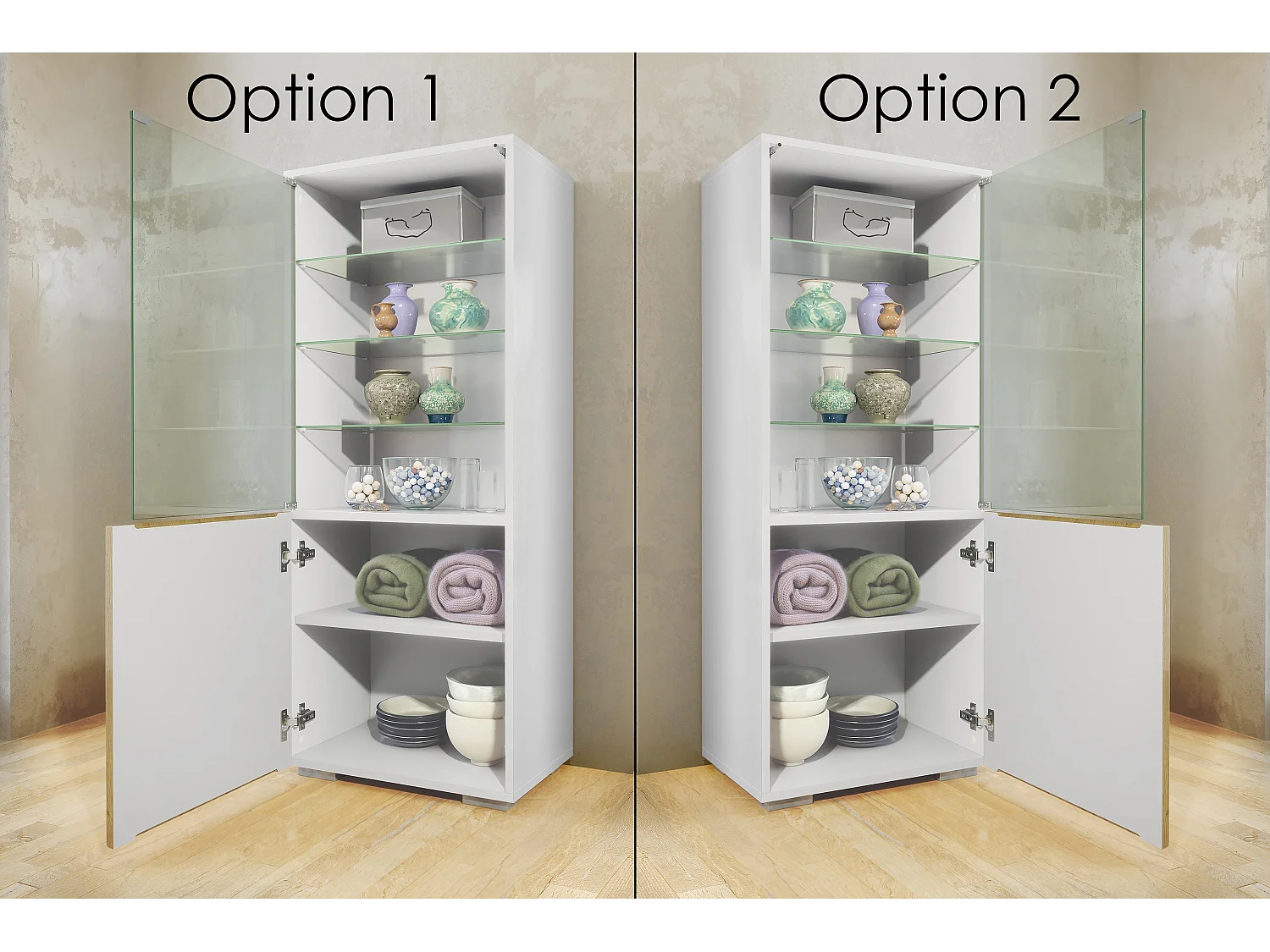 Ensemble mural Granada pour salon, comprenant 2 vitrines et 1 meuble TV, blanc mat/chêne nature (286 x 122,5 x 35 cm)