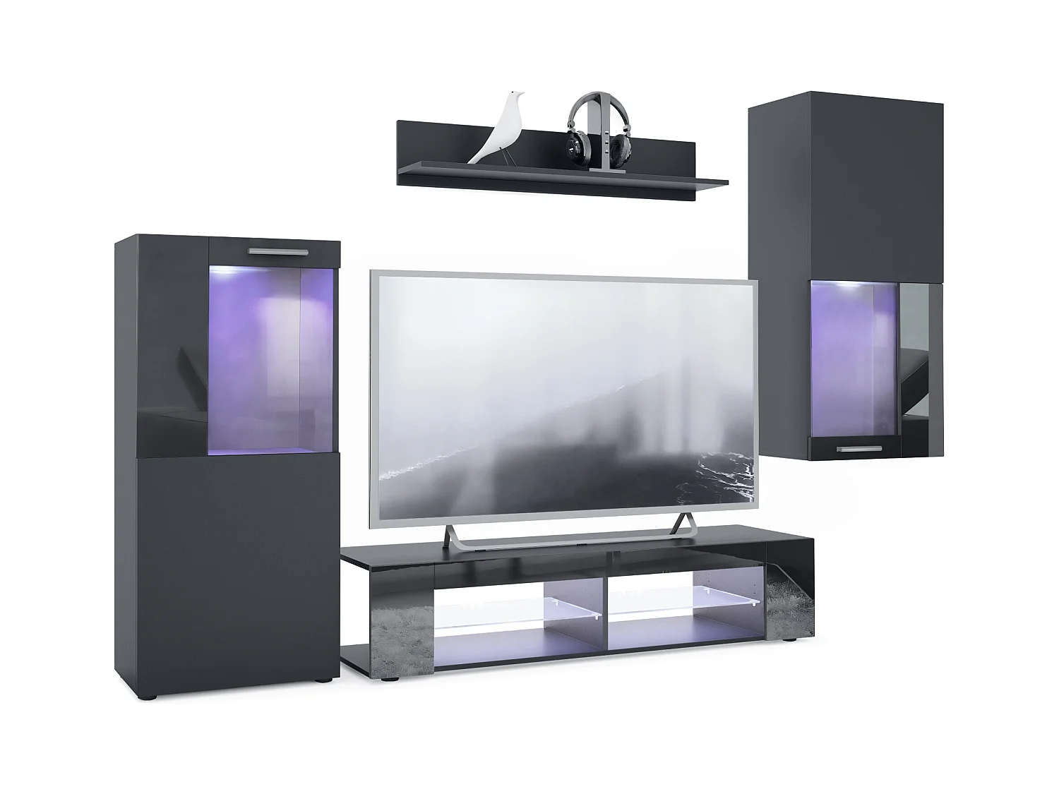 Ensemble de salon Movie comprenant 1 meuble bas TV, 2 vitrines et 1 étagère, Noir mat/Noir haute brillance, (Dimensions totales : 300 x 190 x 39 cm)