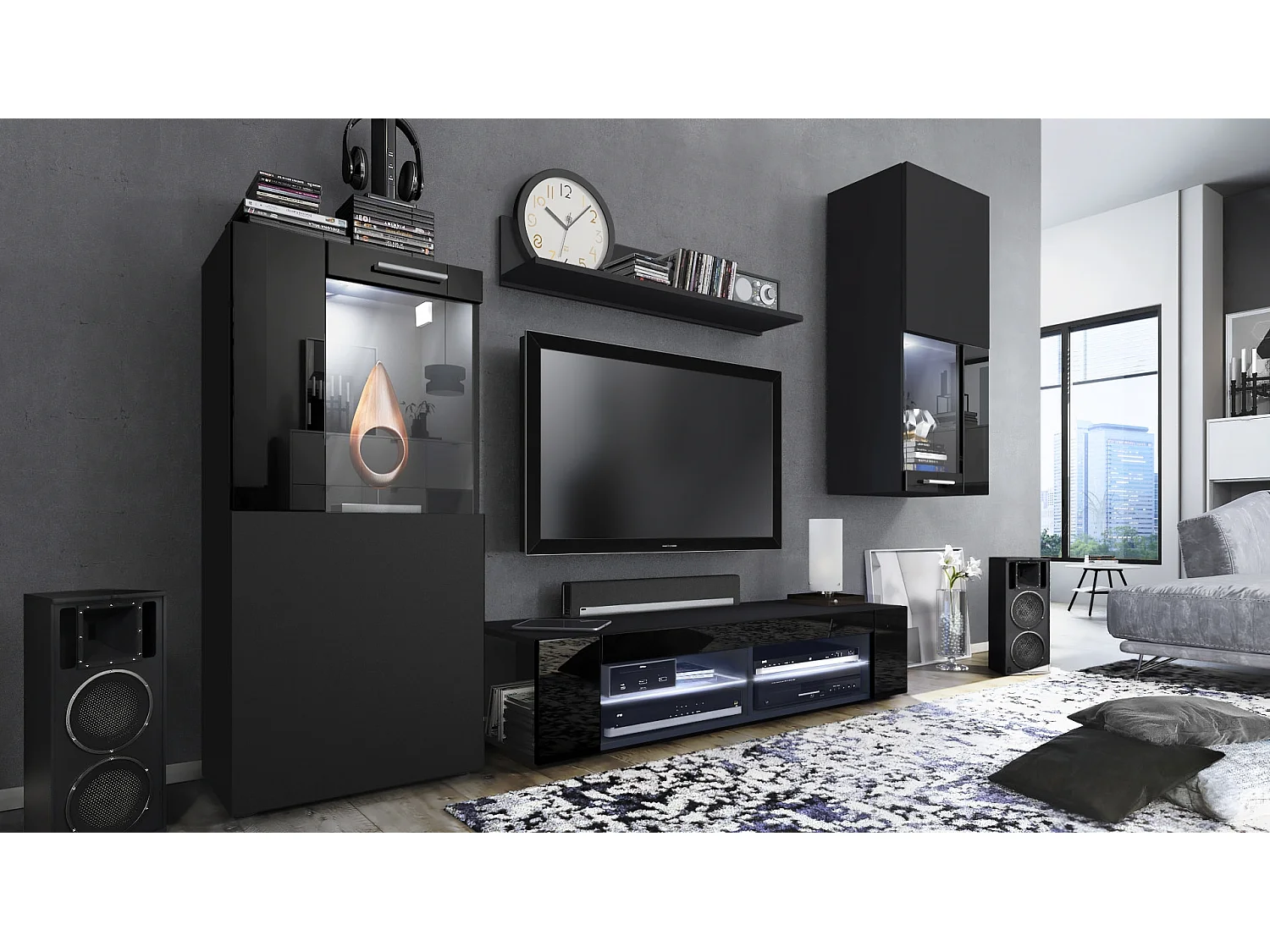 WOHNWAND Movie Absetzungen in Schwarz Hochglanz