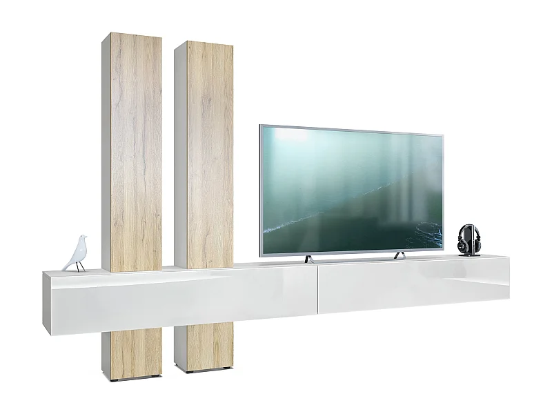 Parete attrezzata Vladon Moja - Bianco opaco & Bianco/rovere naturale - Parete attrezzata moderna per il soggiorno (LxHxP) 330 x 204 x 39 cm