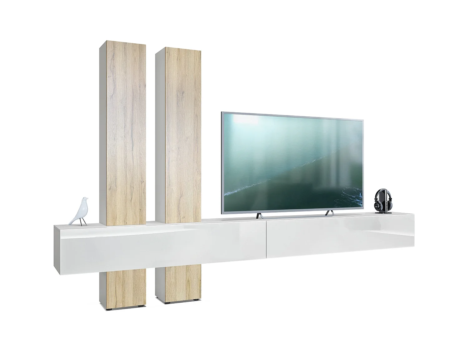 Meuble-paroi Moja de  - Blanc mat & blanc/chêne nature - Meuble-paroi moderne pour votre salon (LxHxP) 330 x 204 x 39 cm