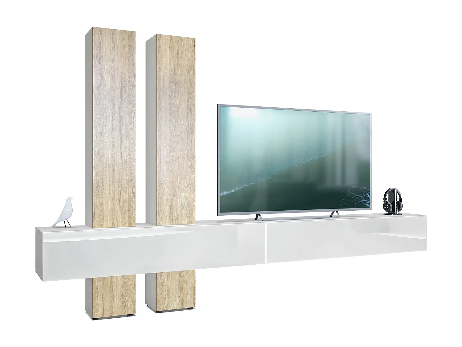 Parete attrezzata Vladon Moja - Bianco opaco & Bianco/rovere naturale - Parete attrezzata moderna per il soggiorno (LxHxP) 330 x 204 x 39 cm