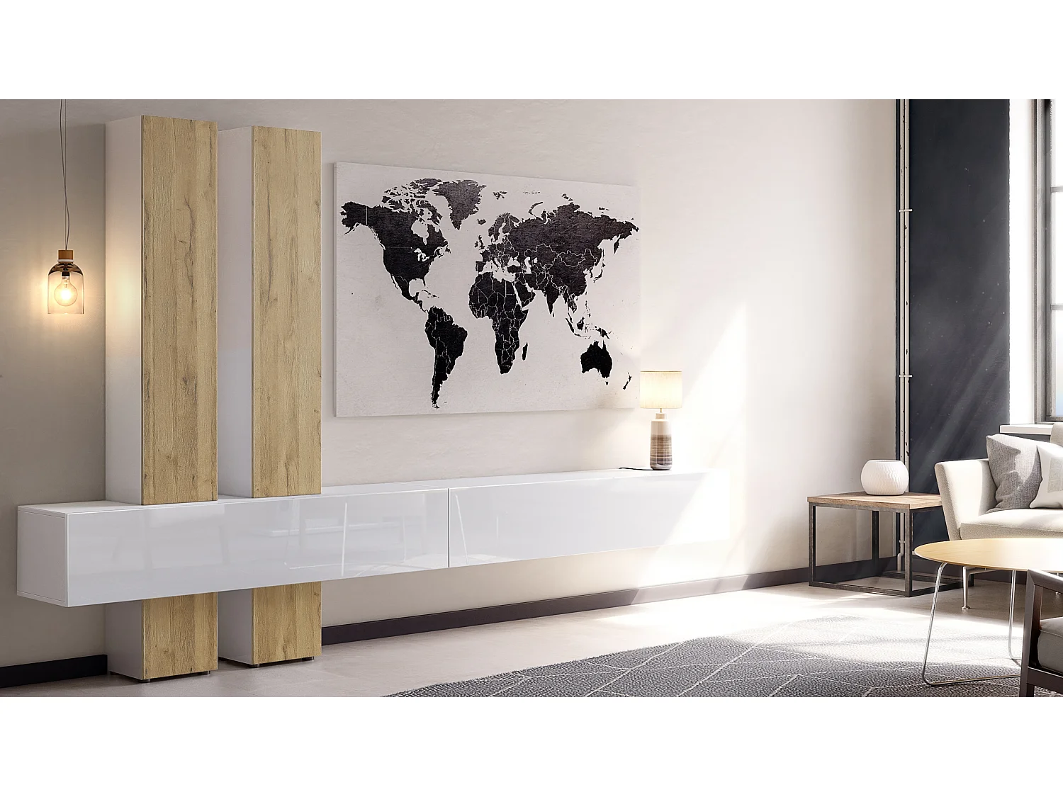 Parete attrezzata Vladon Moja - Bianco opaco & Bianco/rovere naturale - Parete attrezzata moderna per il soggiorno (LxHxP) 330 x 204 x 39 cm