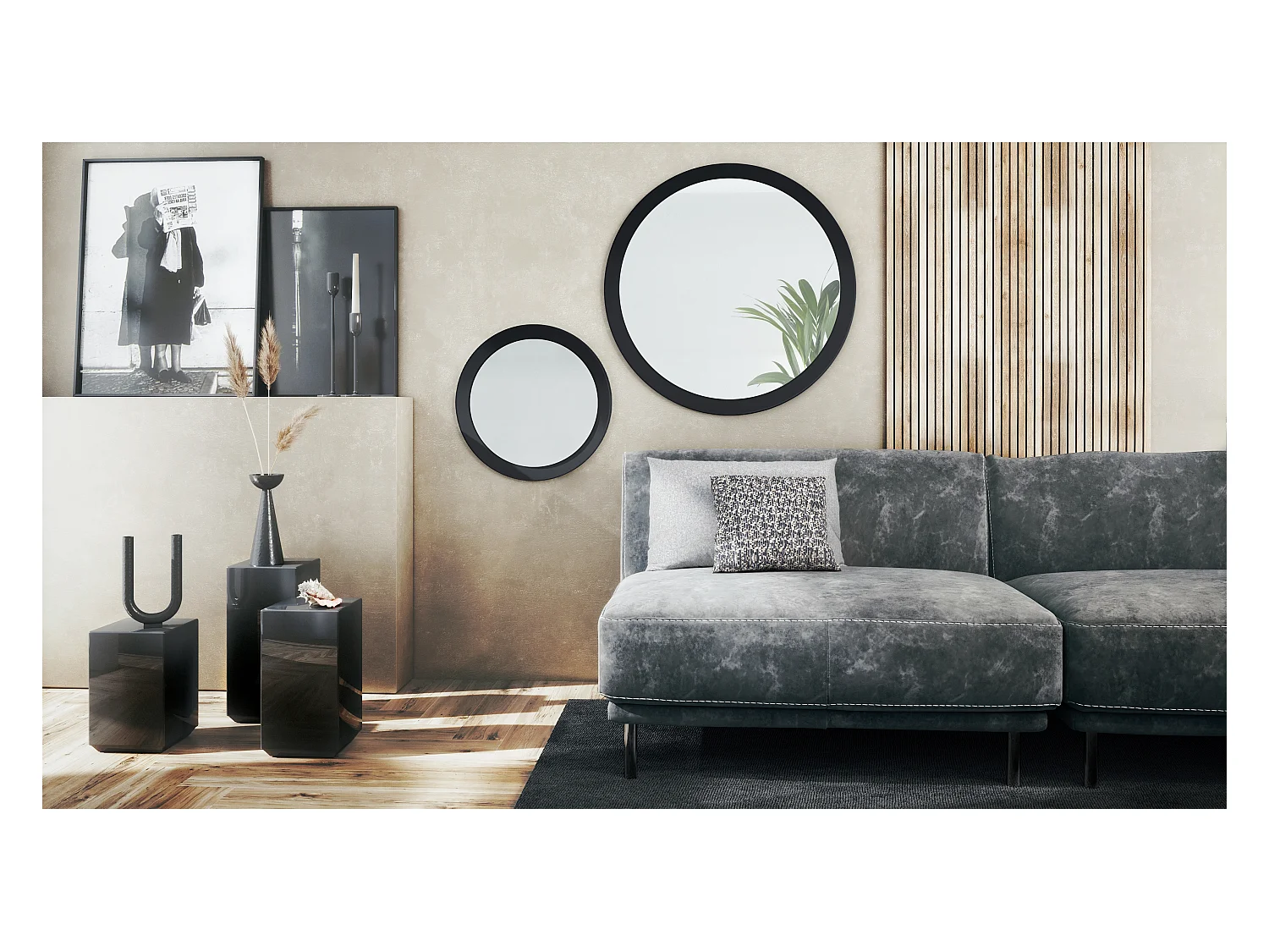 Miroir Globe Set 50 et 80 cm, 2 miroirs muraux ronds décoratifs pour l'entrée et le salon avec cadre en MDF noir mat