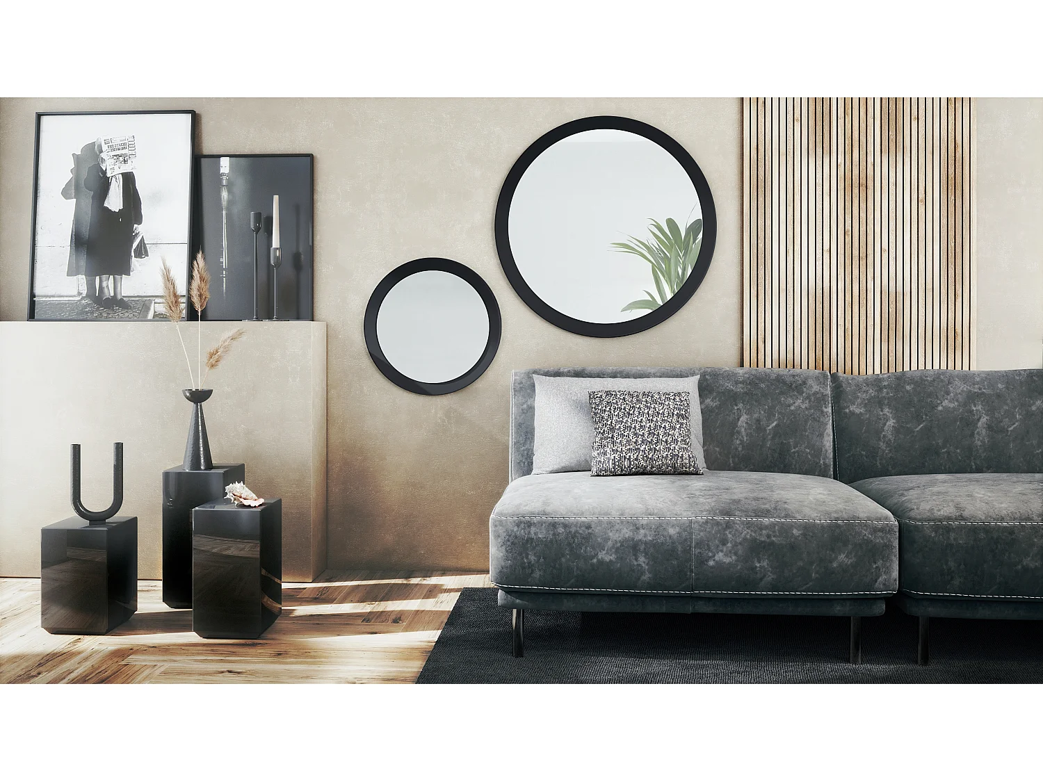 Miroir Globe Set 50 et 80 cm, 2 miroirs muraux ronds décoratifs pour l'entrée et le salon avec cadre en MDF noir mat