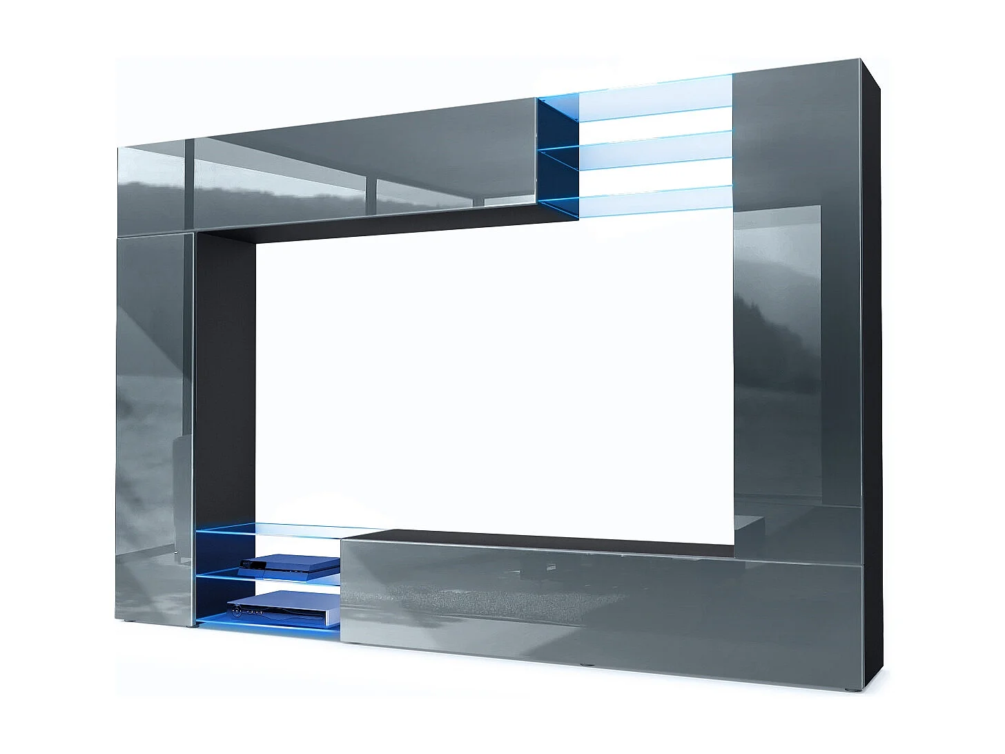 Meuble TV mural Mirage, Ensemble étagère TV et 2 portes, 2 clapets et 6 étagères en verre, Noir mat/Gris brillant, éclairage LED inclus (262 x 183 x 39 cm)