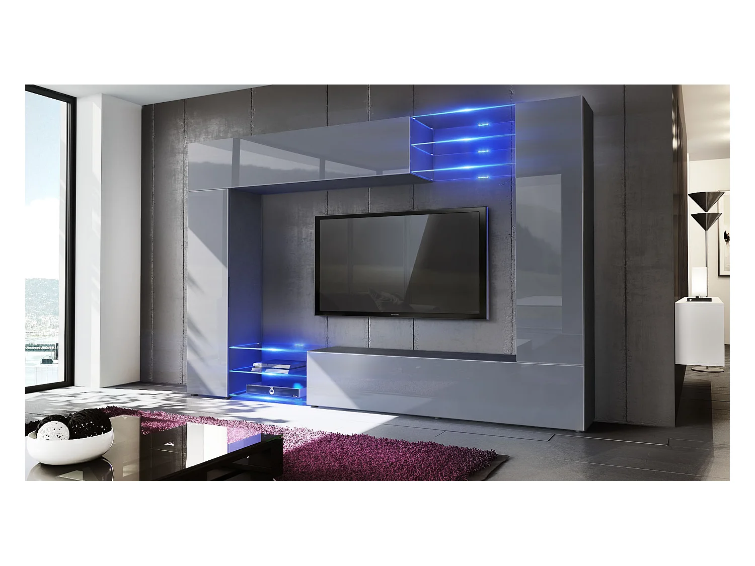 Meuble TV mural Mirage, Ensemble étagère TV et 2 portes, 2 clapets et 6 étagères en verre, Noir mat/Gris brillant, éclairage LED inclus (262 x 183 x 39 cm)