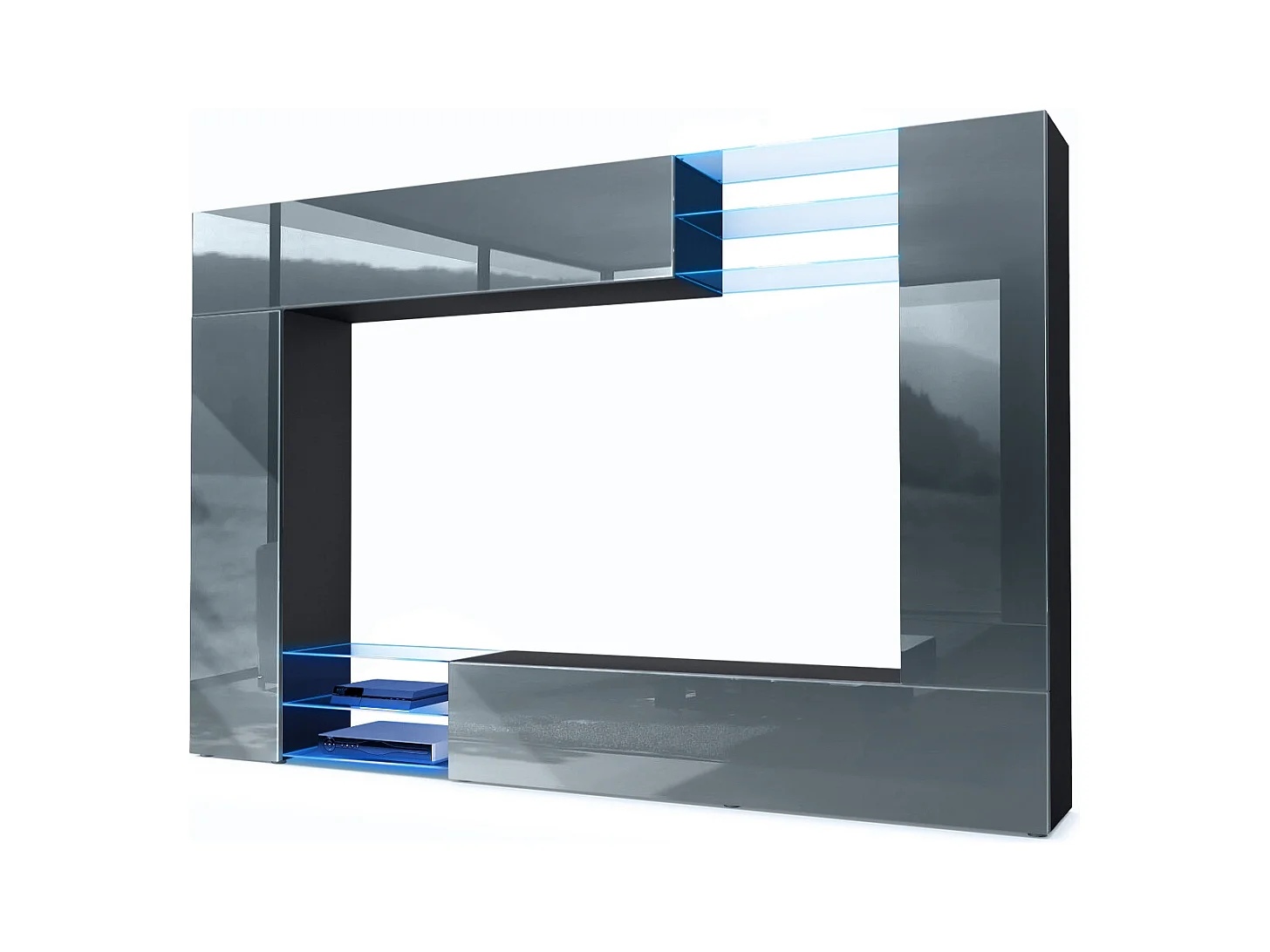 Meuble TV mural Mirage, Ensemble étagère TV et 2 portes, 2 clapets et 6 étagères en verre, Noir mat/Gris brillant, éclairage LED inclus (262 x 183 x 39 cm)