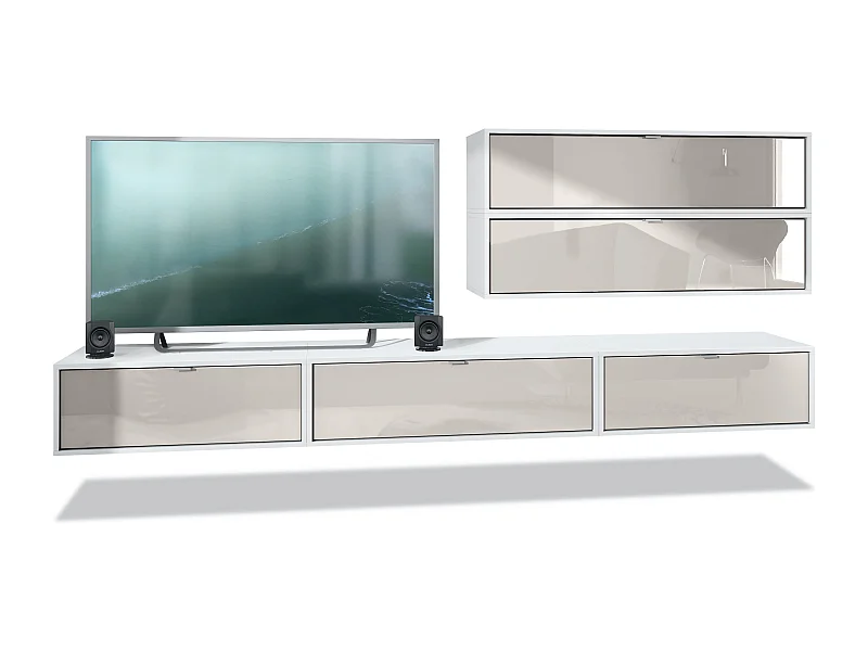 Mueble de pared Lana V2 unidad de pared compuesta por 5 unidades de pared con 12 compartimentos, cuerpo en Blanco mate, frentes en Gris arena de alto brillo