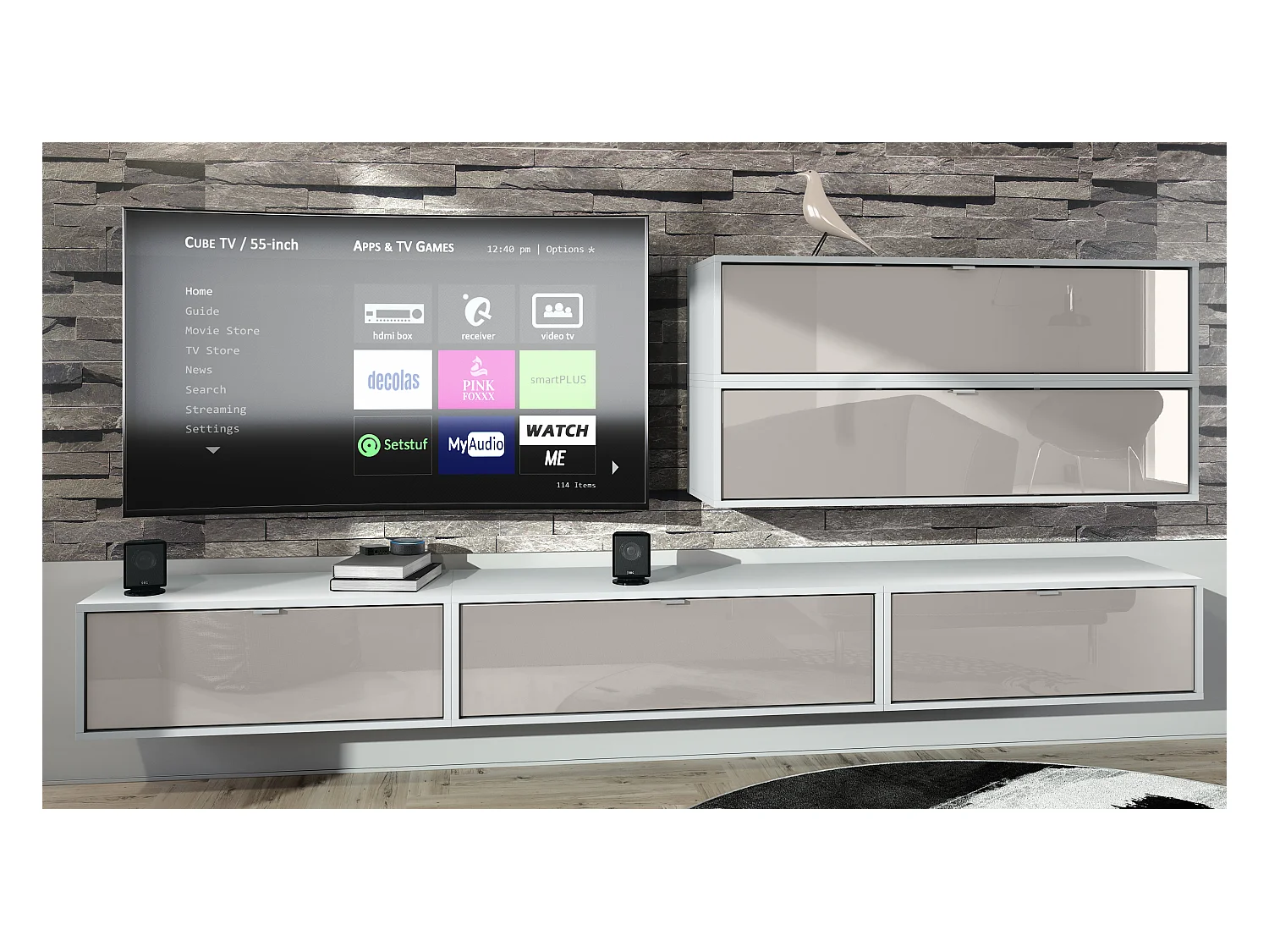 Unité murale Lana V2 composée de 5 unités murales à 12 compartiments, caisson en Blanc mat, façades en Gris sable haute brillance