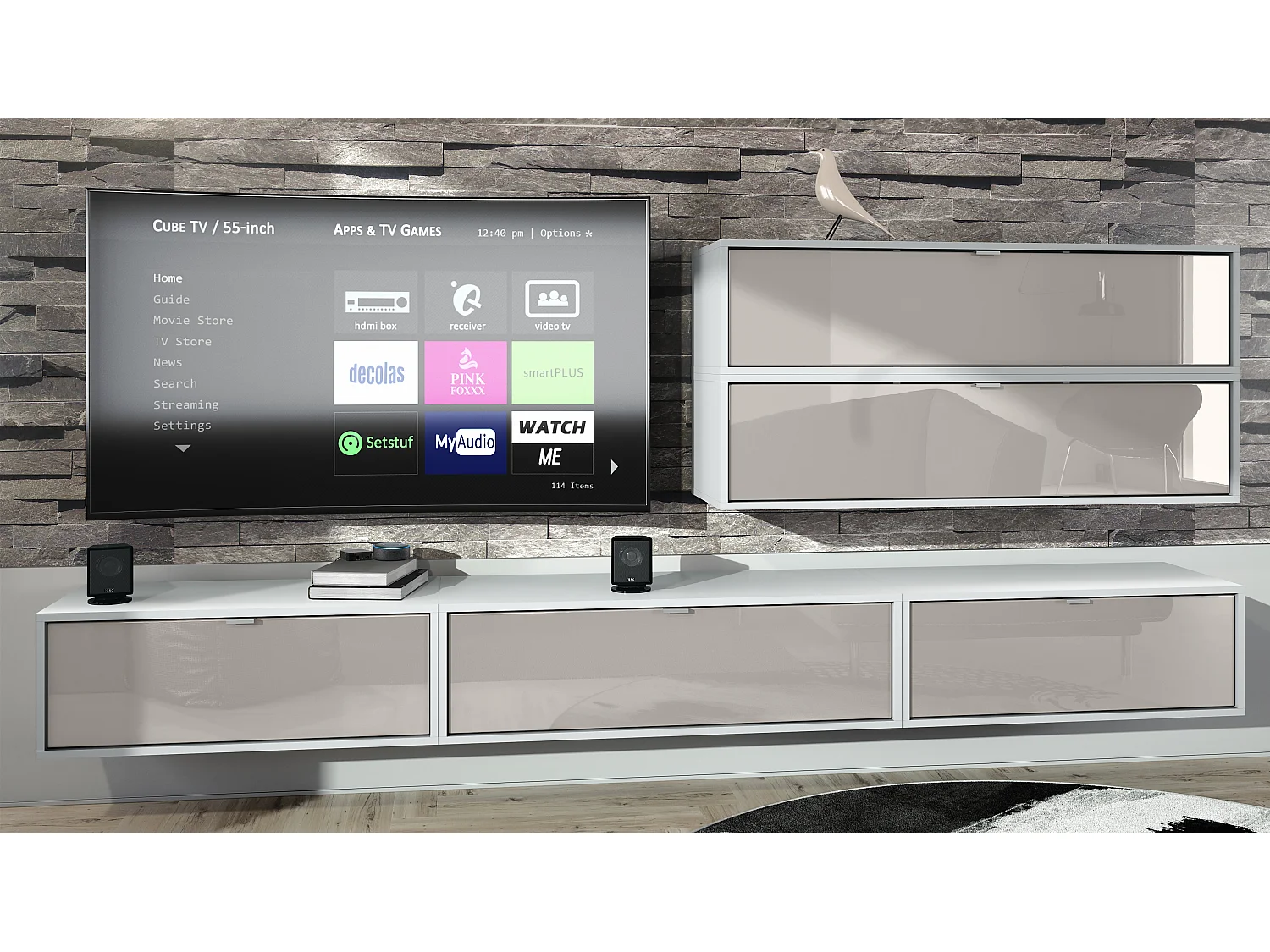 Unité murale Lana V2 composée de 5 unités murales à 12 compartiments, caisson en Blanc mat, façades en Gris sable haute brillance