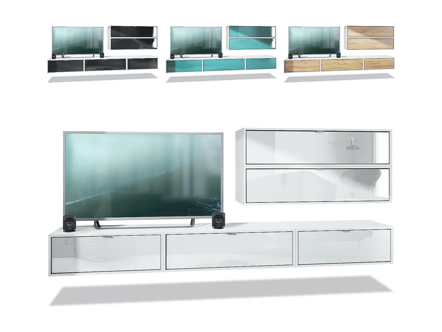 Unité murale Lana V2 composée de 5 unités murales à 12 compartiments, caisson en Blanc mat, façades en Gris sable haute brillance