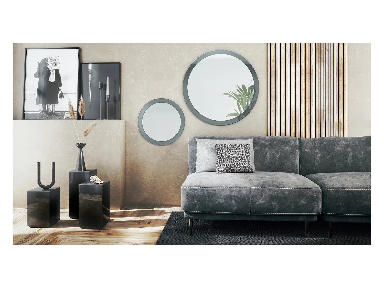 Miroir Globe Set 50 et 80 cm, 2 miroirs muraux ronds décoratifs pour l'entrée et le salon avec cadre en MDF gris haute brillance