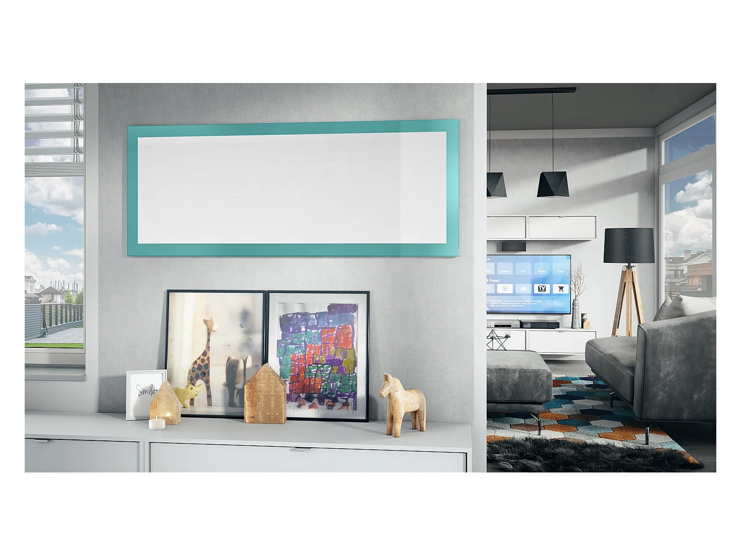 Miroir Lima, Miroir mural avec cadre de style moderne, Blanc haute brillance (139 x 55 cm)