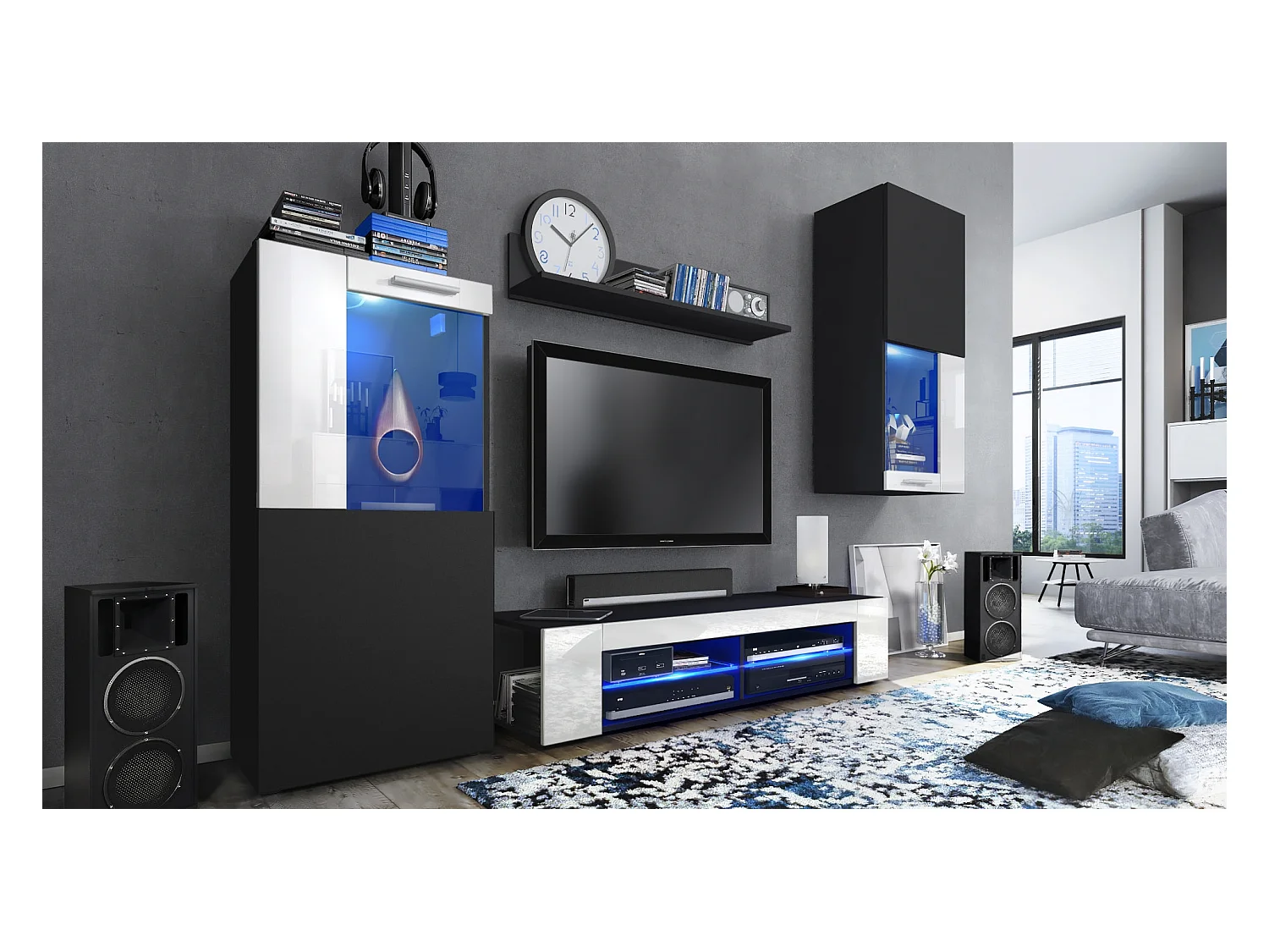 Ensemble de salon Movie comprenant 1 meuble bas TV, 2 vitrines et 1 étagère, Noir mat/Blanc haute brillance, (Dimensions totales : 300 x 190 x 39 cm)