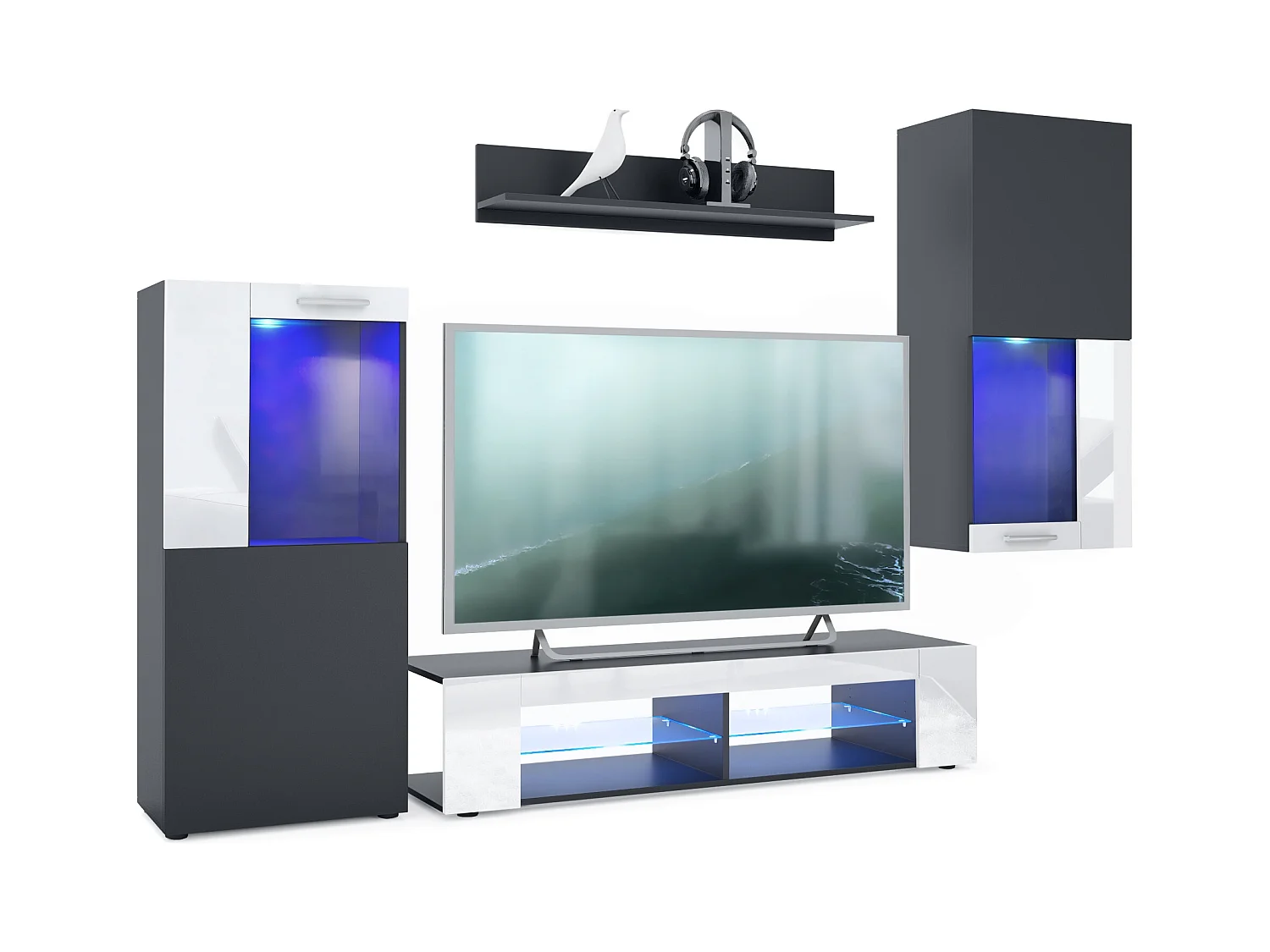 Ensemble de salon Movie comprenant 1 meuble bas TV, 2 vitrines et 1 étagère, Noir mat/Blanc haute brillance, (Dimensions totales : 300 x 190 x 39 cm)