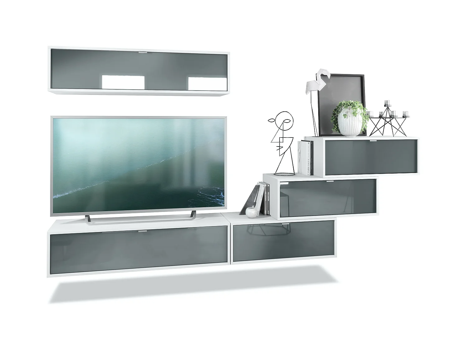 Unité murale Lana V1 composée de 5 unités murales à 12 compartiments, caisson en Blanc mat, façades en Gris haute brillance | Grand choix de couleurs