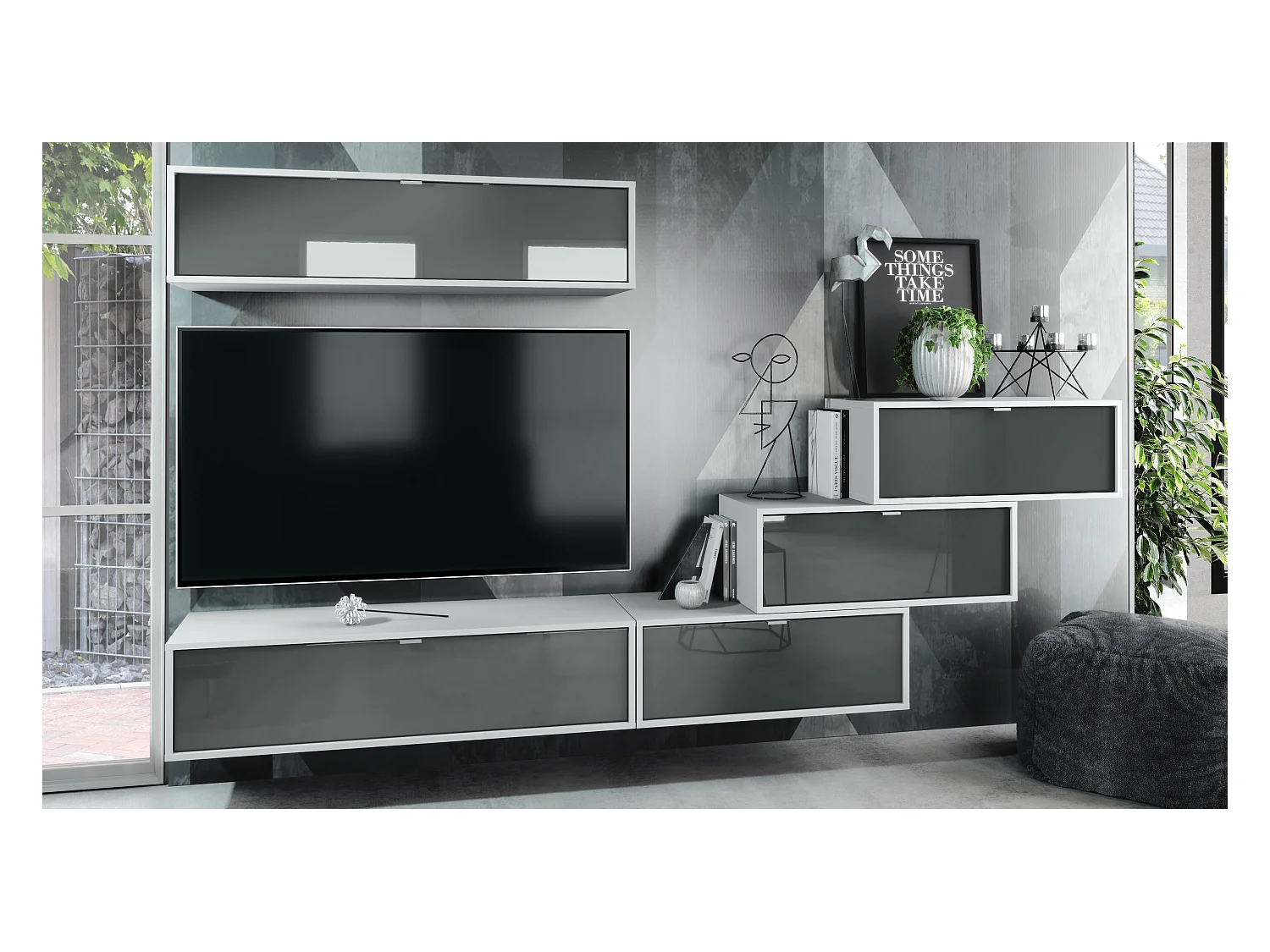 Unité murale Lana V1 composée de 5 unités murales à 12 compartiments, caisson en Blanc mat, façades en Gris haute brillance | Grand choix de couleurs