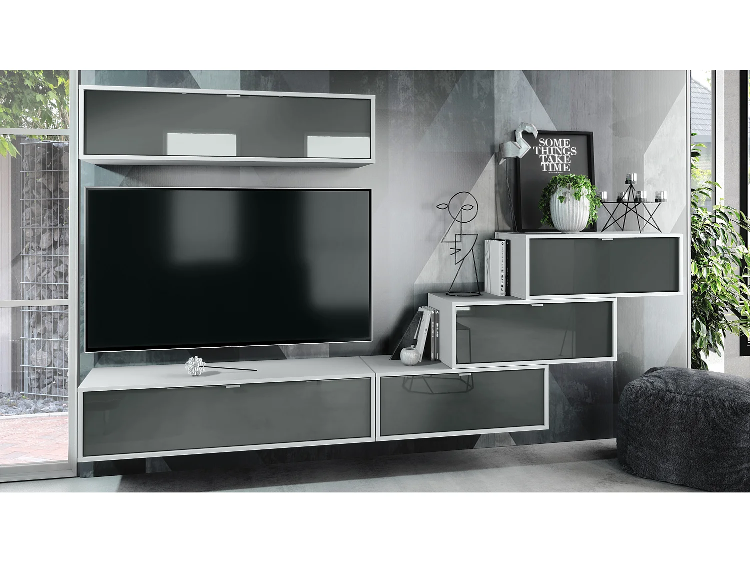 Unité murale Lana V1 composée de 5 unités murales à 12 compartiments, caisson en Blanc mat, façades en Gris haute brillance | Grand choix de couleurs