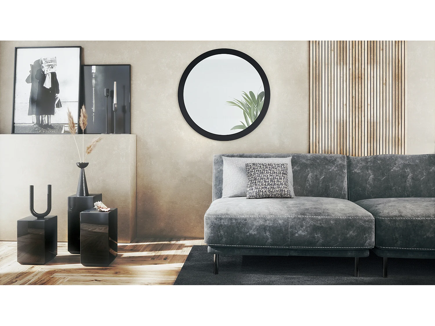 Globe Miroir 80 cm, Miroir Murale Rond Décoratif pour Couloir et Salon avec Cadre en MDF en noir mat