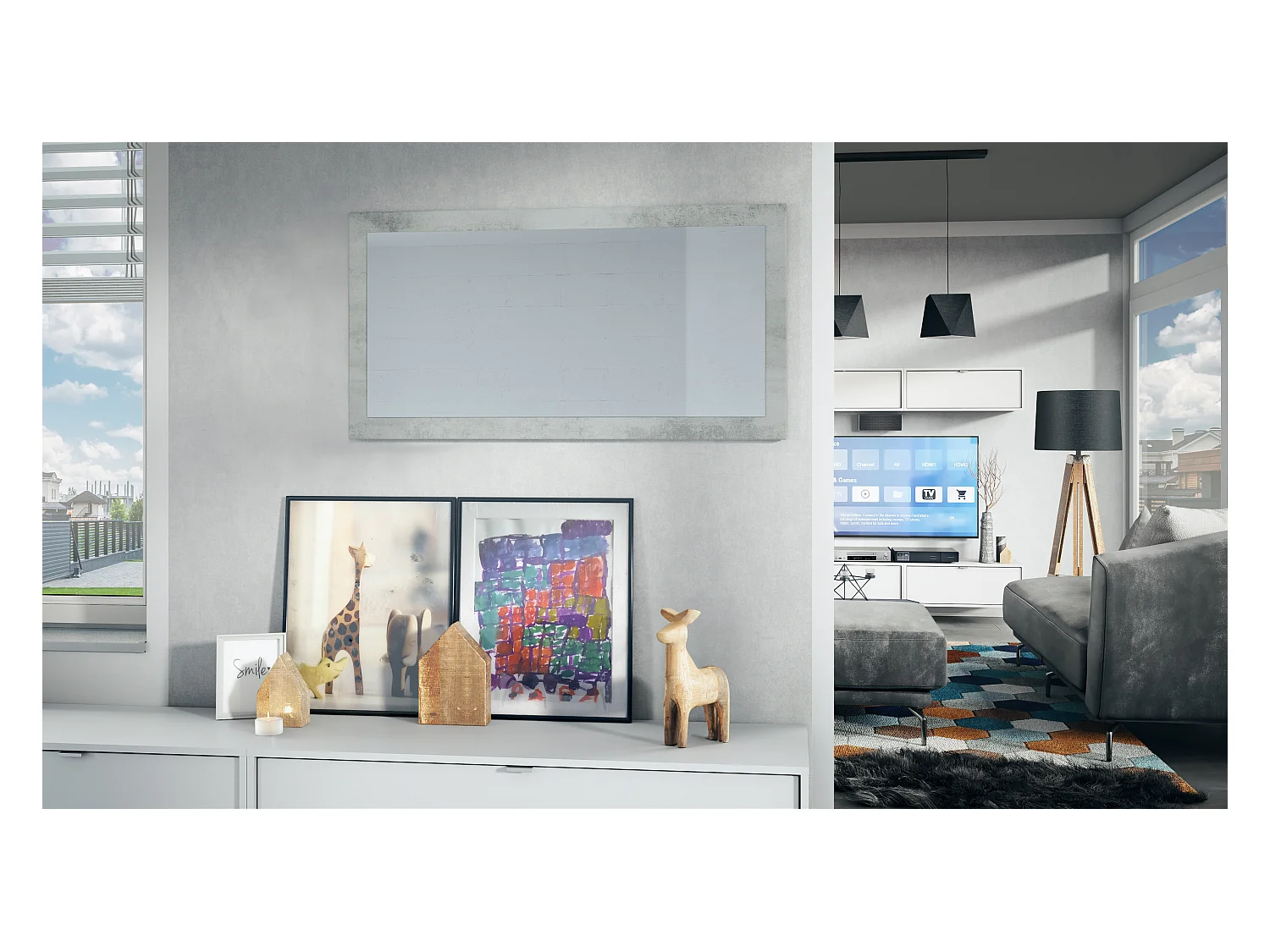 Miroir Lima, Miroir mural avec cadre de style moderne, Blanc haute brillance (110 x 52 cm)