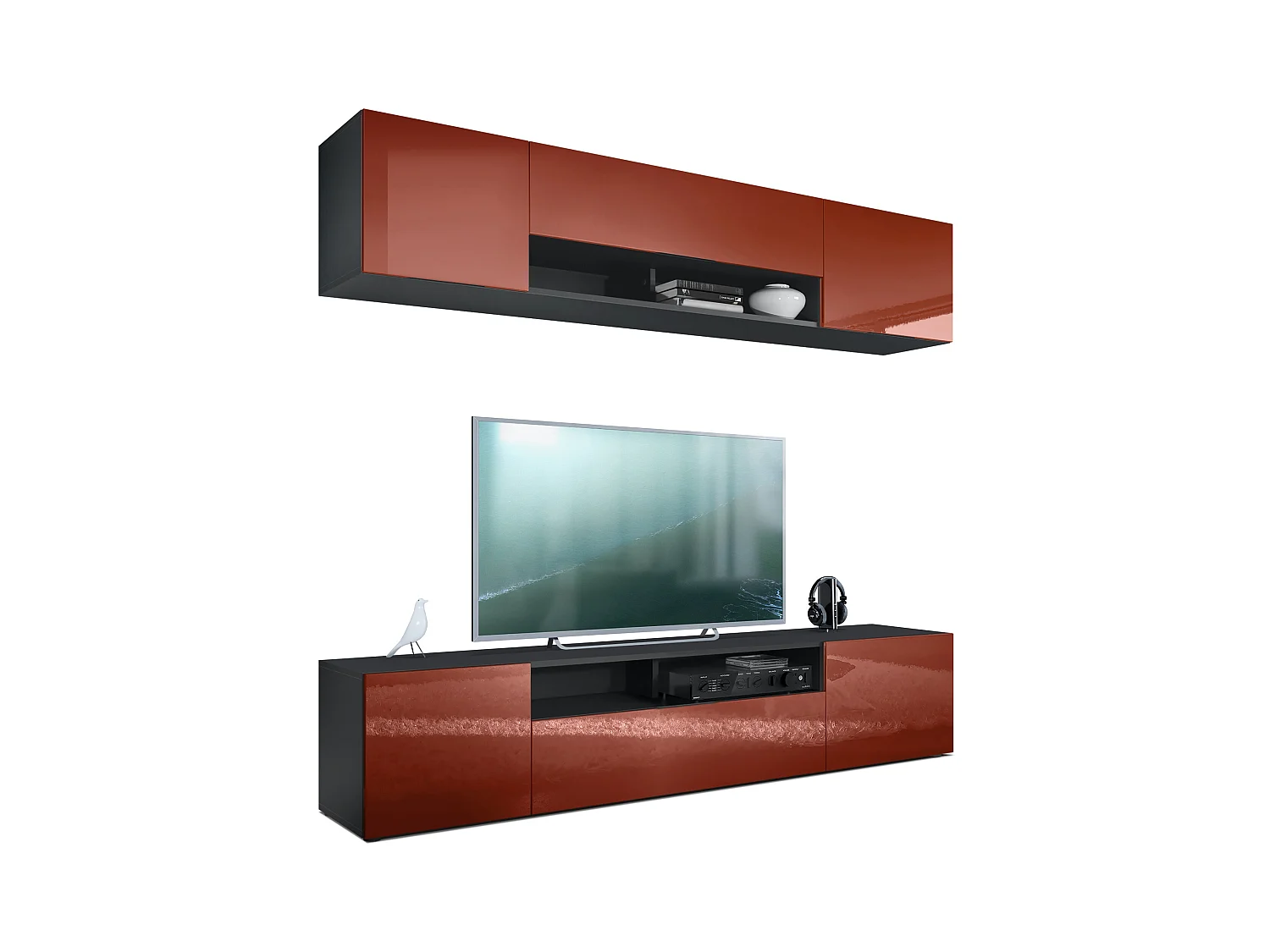 WOHNWAND Mogan Fronten in Bordeaux Hochglanz