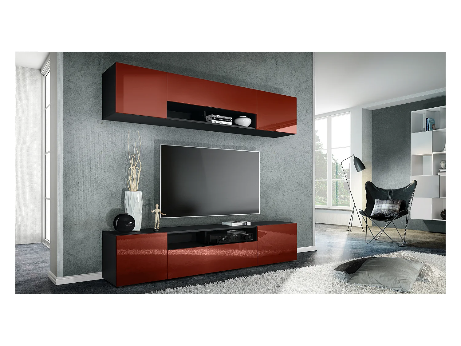 WOHNWAND Mogan Fronten in Bordeaux Hochglanz