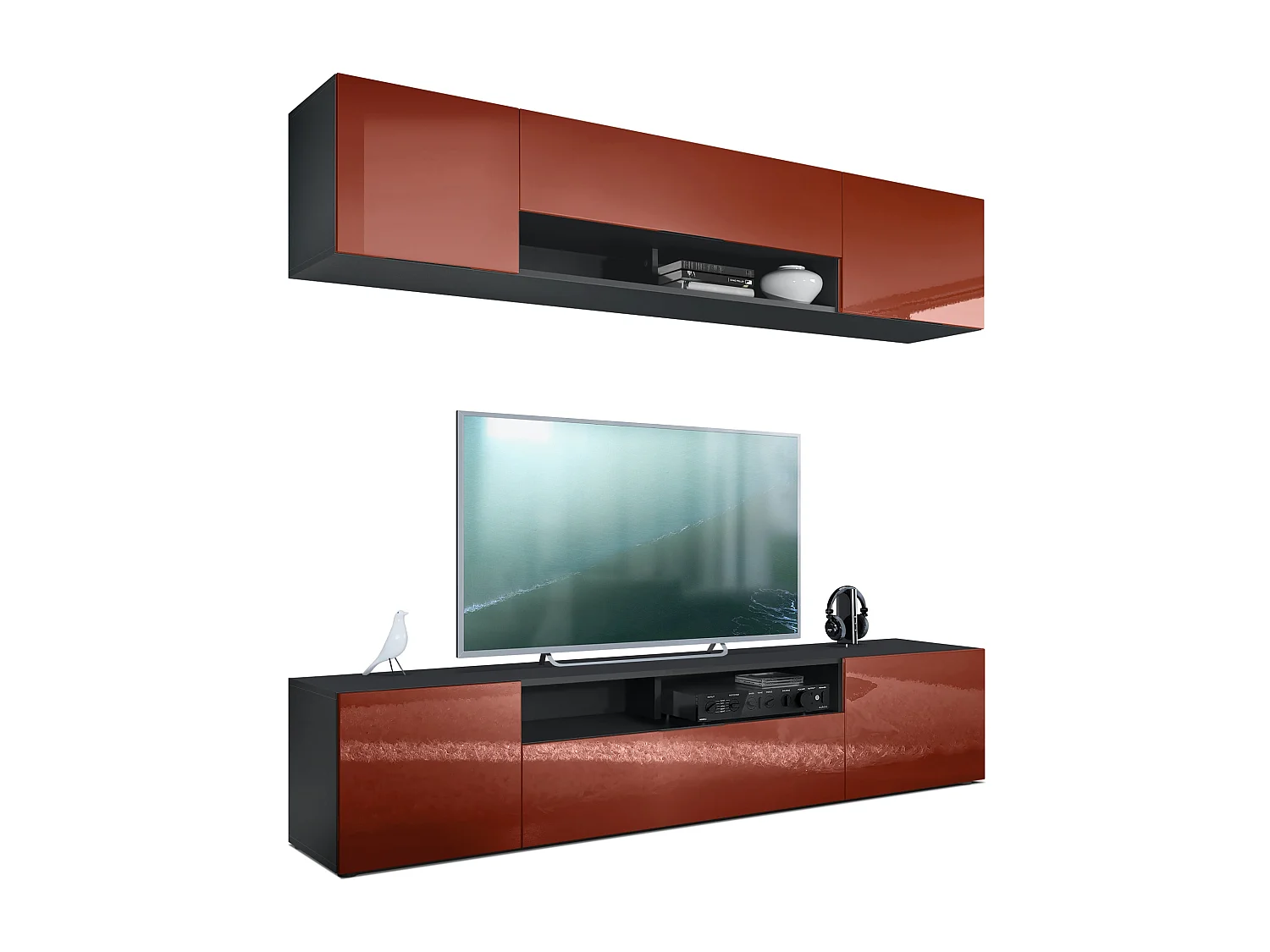 Vladon parete vivente Mogan, nero opaco/bordeaux lucido - Moderno pensile composto da 2 ripiani per TV (181 x 147 x 35 cm)