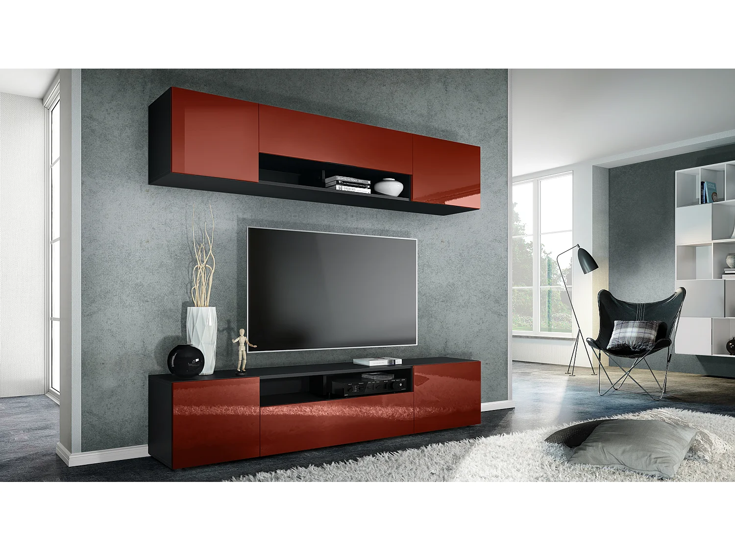 Vladon parete vivente Mogan, nero opaco/bordeaux lucido - Moderno pensile composto da 2 ripiani per TV (181 x 147 x 35 cm)