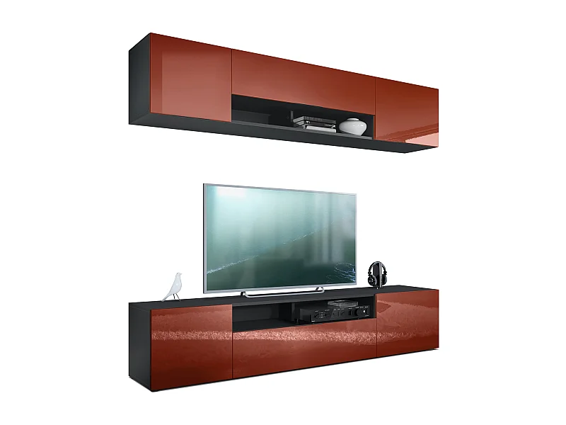 Meuble-paroi Mogan, noir mat/bordeaux haute brillance - Meuble mural moderne composé de 2 étagères TV (181 x 147 x 35 cm)