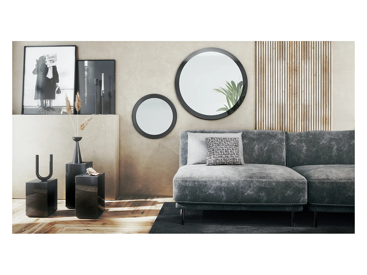 Miroir Globe Set 50 et 80 cm, 2 miroirs muraux ronds décoratifs pour l'entrée et le salon avec cadre en MDF noir haute brillance