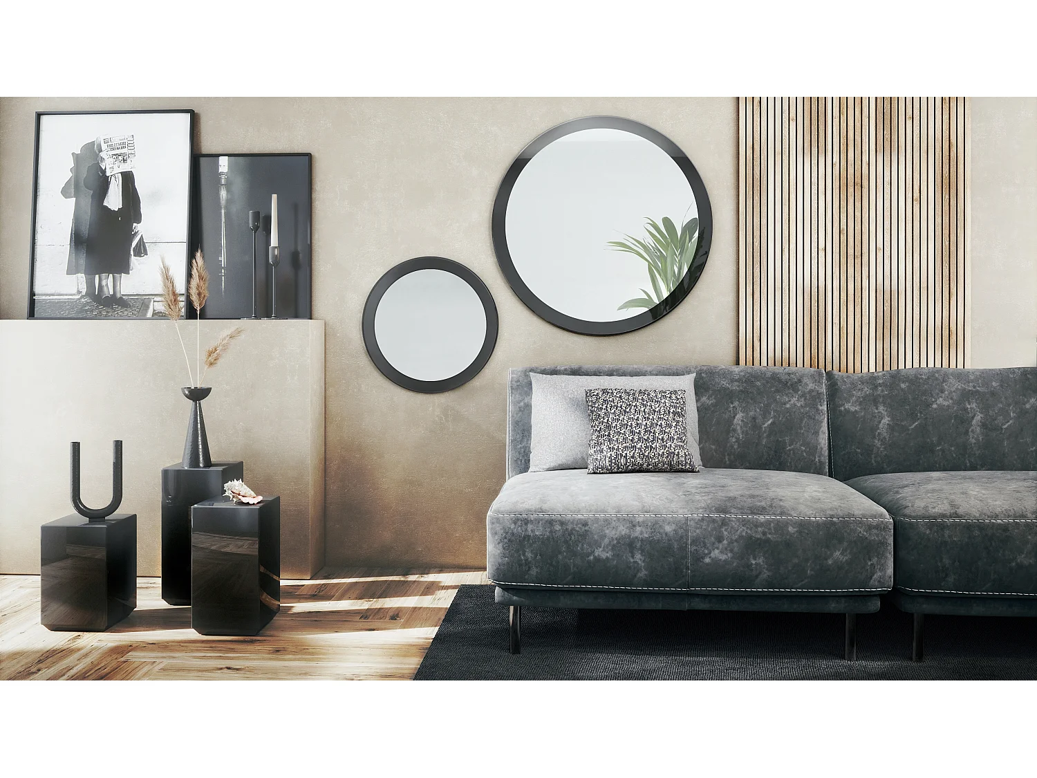 Miroir Globe Set 50 et 80 cm, 2 miroirs muraux ronds décoratifs pour l'entrée et le salon avec cadre en MDF noir haute brillance