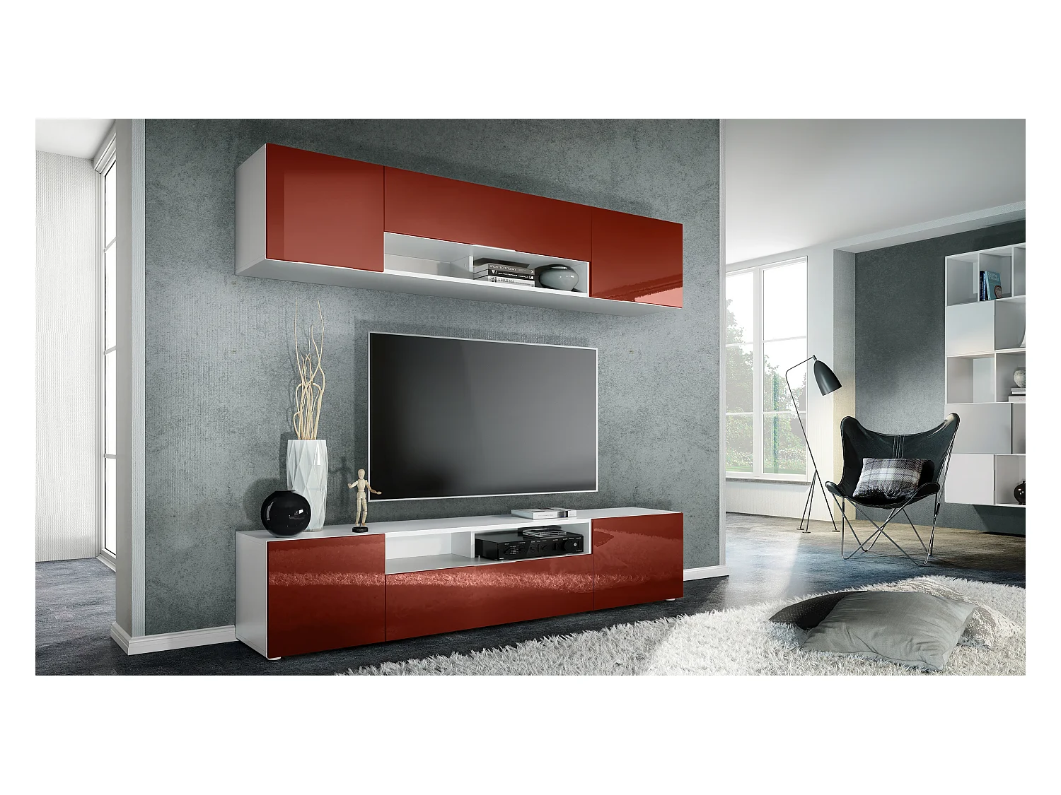 WOHNWAND Mogan Fronten in Bordeaux Hochglanz