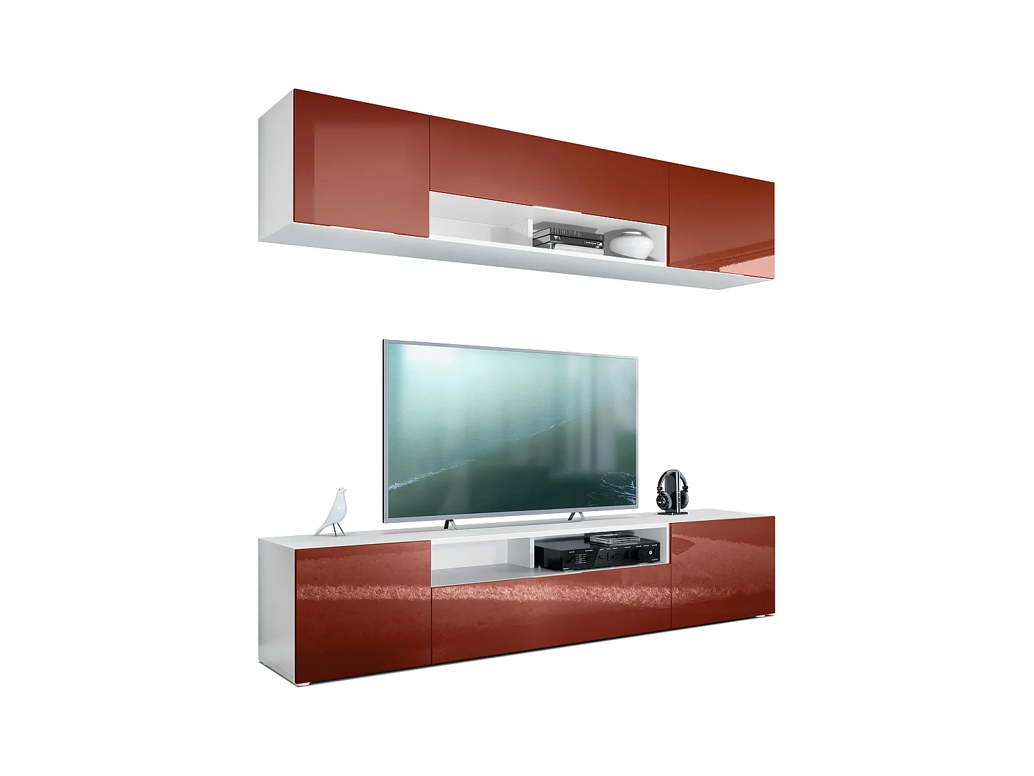 Meuble-paroi Mogan, blanc mat/bordeaux haute brillance - Meuble mural moderne composé de 2 étagères TV (181 x 147 x 35 cm)