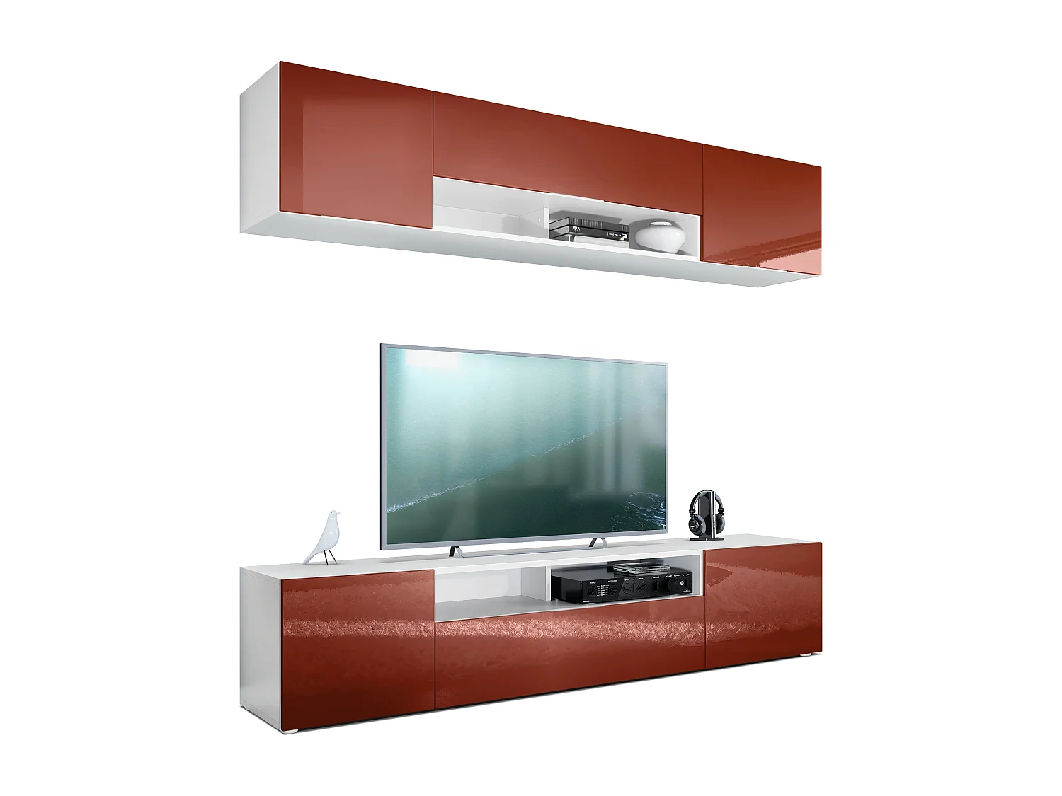 Vladon parete vivente Mogan, bianco opaco/bordeaux lucido - Moderno pensile composto da 2 ripiani per TV (181 x 147 x 35 cm)