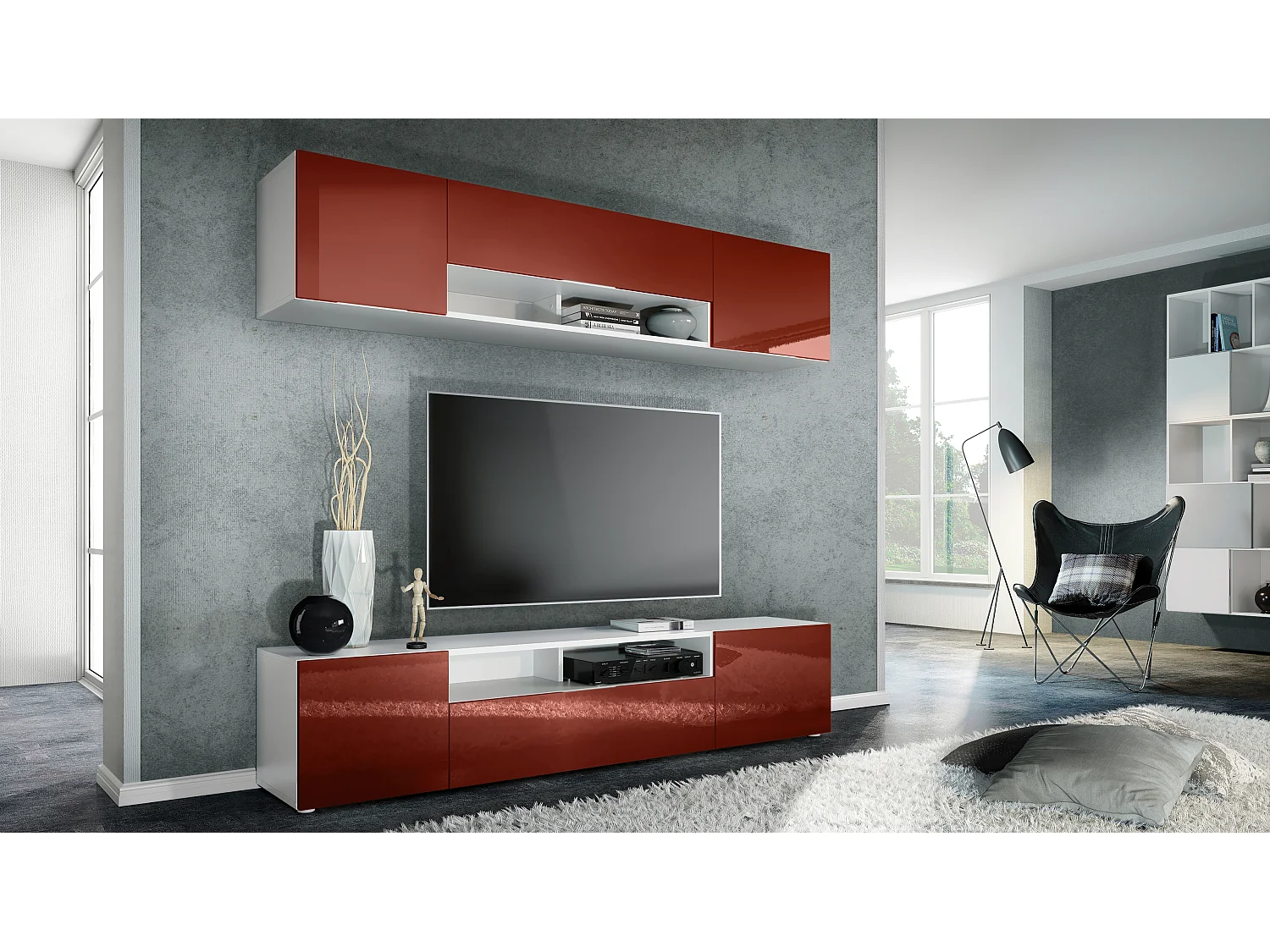 Vladon parete vivente Mogan, bianco opaco/bordeaux lucido - Moderno pensile composto da 2 ripiani per TV (181 x 147 x 35 cm)