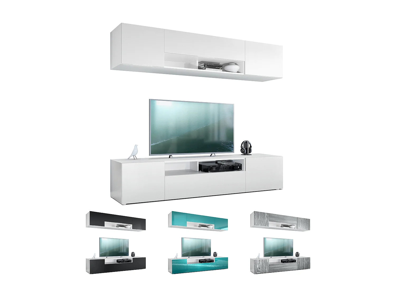 Vladon parete vivente Mogan, bianco opaco/bordeaux lucido - Moderno pensile composto da 2 ripiani per TV (181 x 147 x 35 cm)