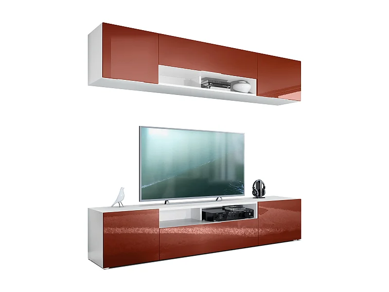 Meuble-paroi Mogan, blanc mat/bordeaux haute brillance - Meuble mural moderne composé de 2 étagères TV (181 x 147 x 35 cm)