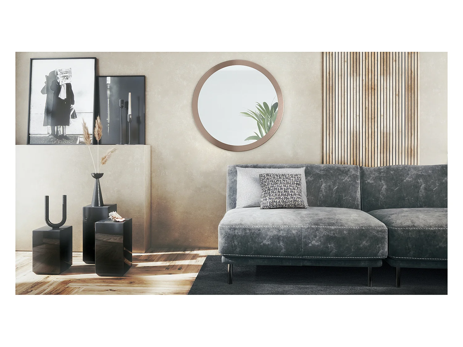 Globe Miroir 80 cm, Miroir Murale Rond Décoratif pour Couloir et Salon avec Cadre en MDF en aspect bronzé