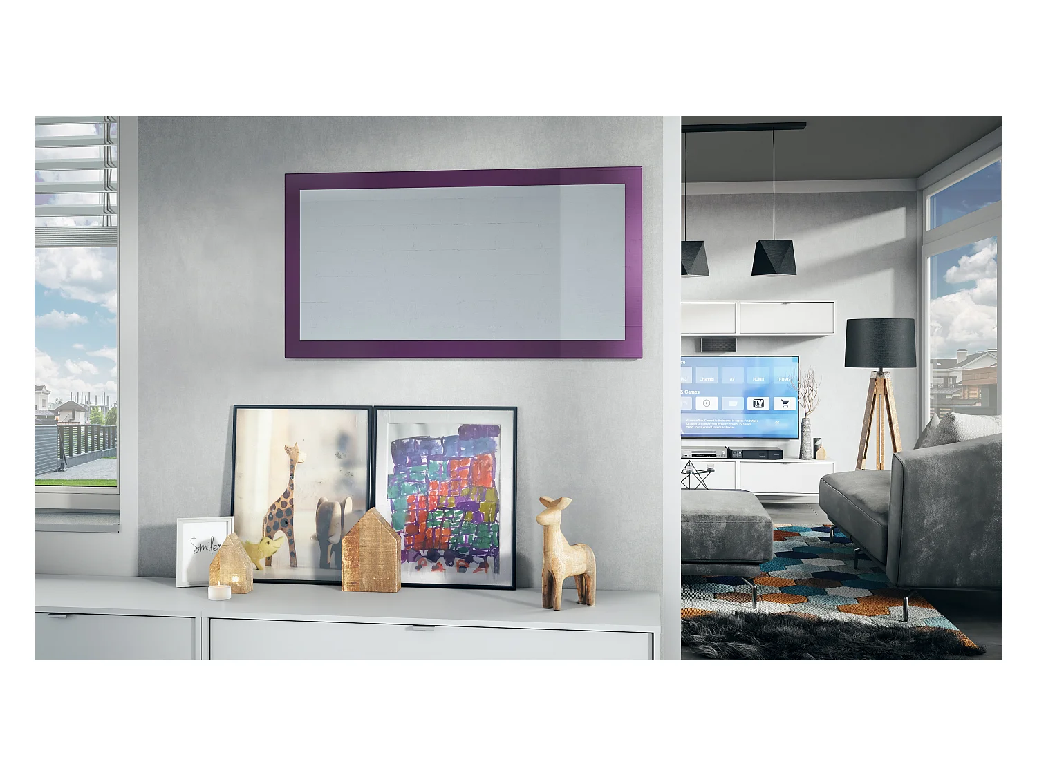 Miroir Lima, Miroir mural avec cadre de style moderne, Blanc haute brillance (110 x 52 cm)