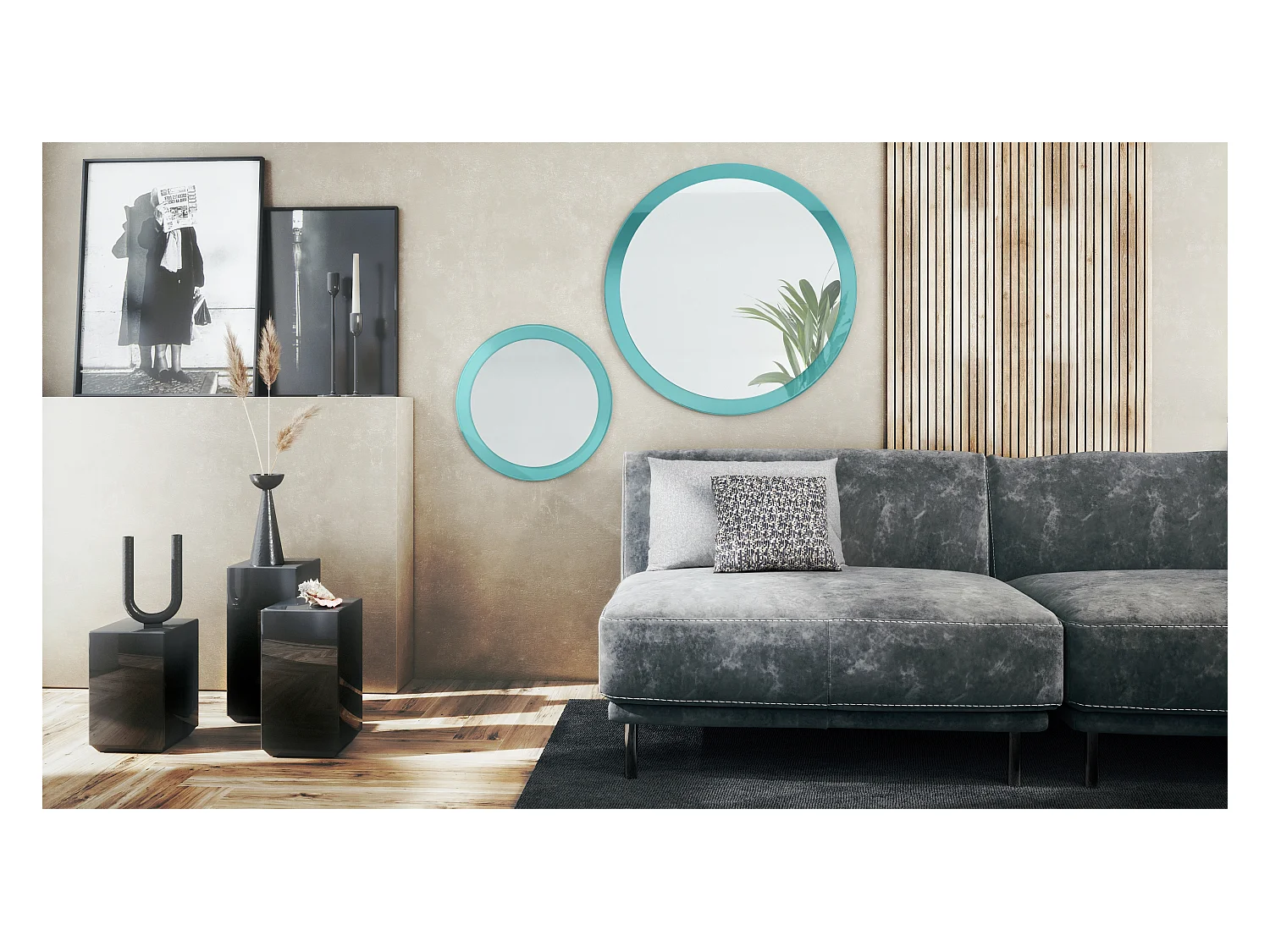 Miroir Globe Set 50 et 80 cm, 2 miroirs muraux ronds décoratifs pour l'entrée et le salon avec cadre en MDF turquoise haute brillance