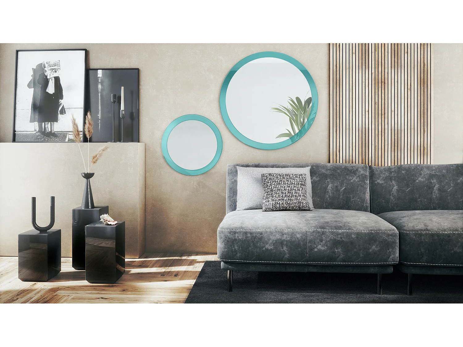 Miroir Globe Set 50 et 80 cm, 2 miroirs muraux ronds décoratifs pour l'entrée et le salon avec cadre en MDF turquoise haute brillance