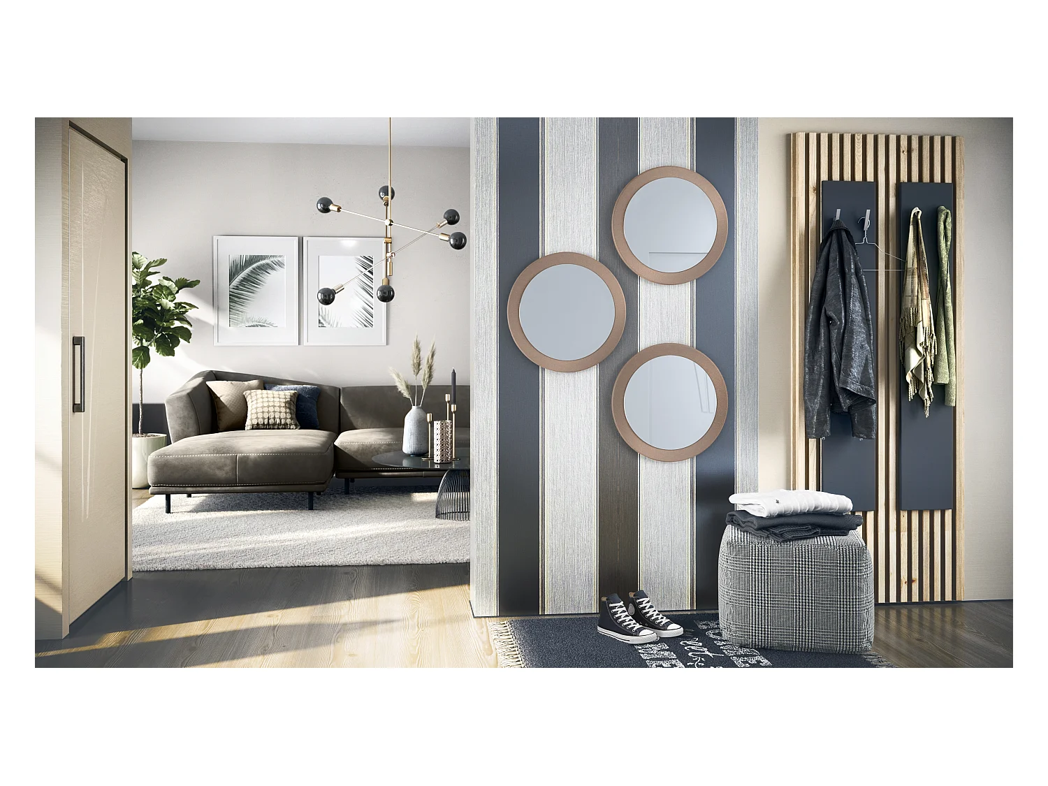 Miroir Globe 50 cm, lot de 3, miroirs muraux ronds décoratifs pour l'entrée et le salon avec cadre en MDF aspect bronzé