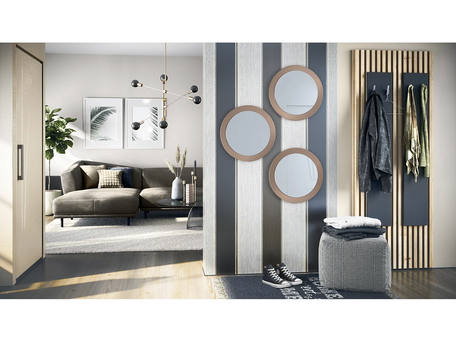 Set di 3 specchi Globe 50 cm, 3 specchi decorativi rotondi da parete per corridoio e soggiorno, cornice in MDF in ottica bronzo