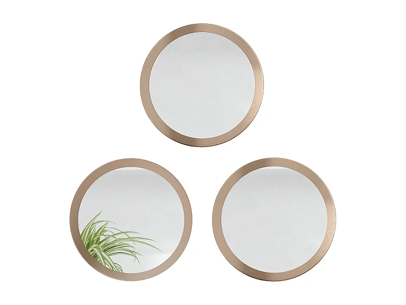 Miroir Globe 50 cm, lot de 3, miroirs muraux ronds décoratifs pour l'entrée et le salon avec cadre en MDF aspect bronzé