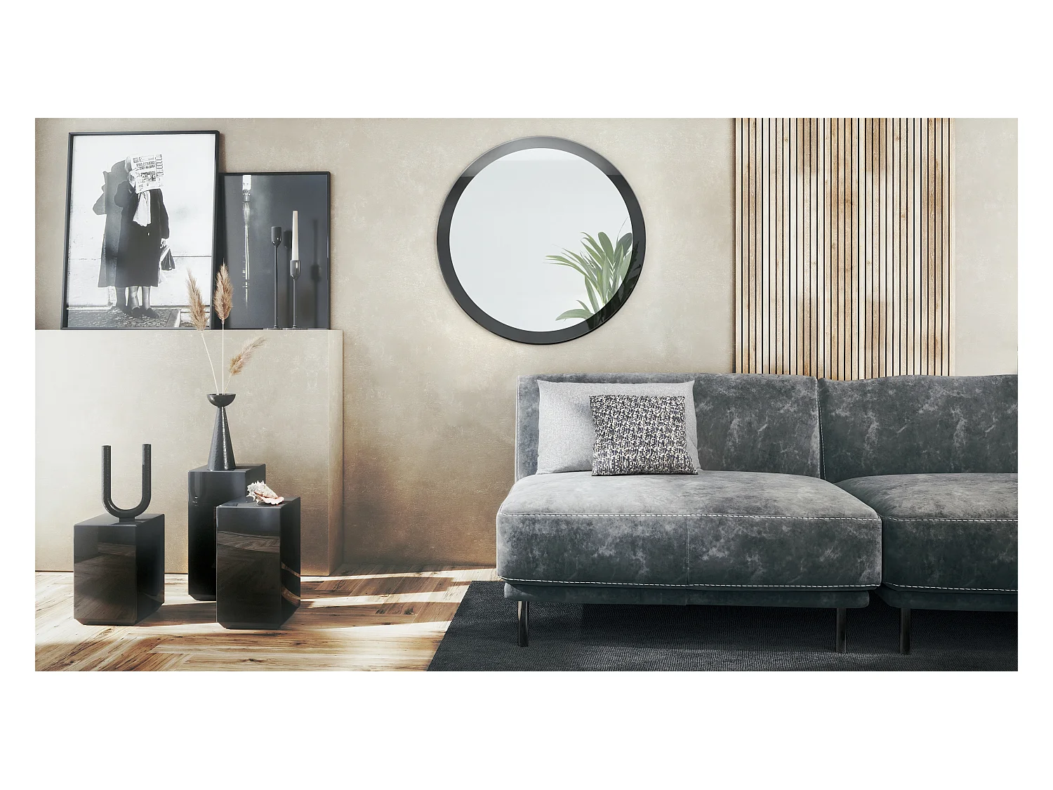 Globe Miroir 80 cm, Miroir Murale Rond Décoratif pour Couloir et Salon avec Cadre en MDF en noir haute brillance