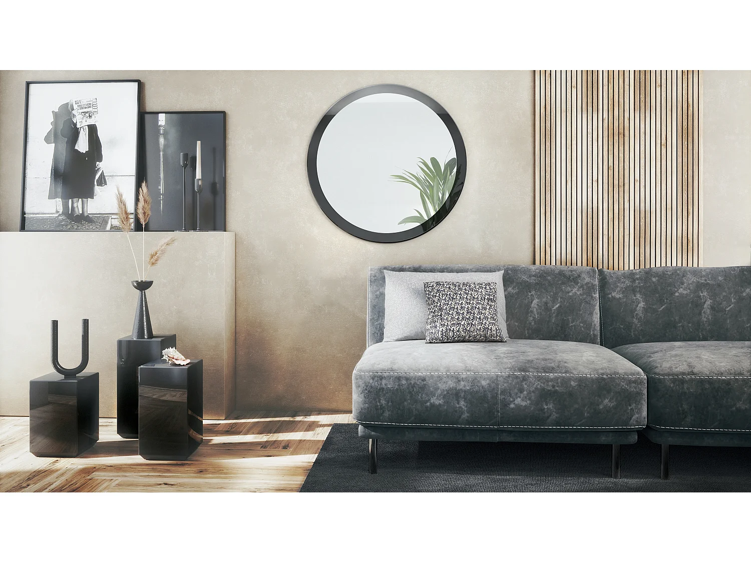 Globe Miroir 80 cm, Miroir Murale Rond Décoratif pour Couloir et Salon avec Cadre en MDF en noir haute brillance